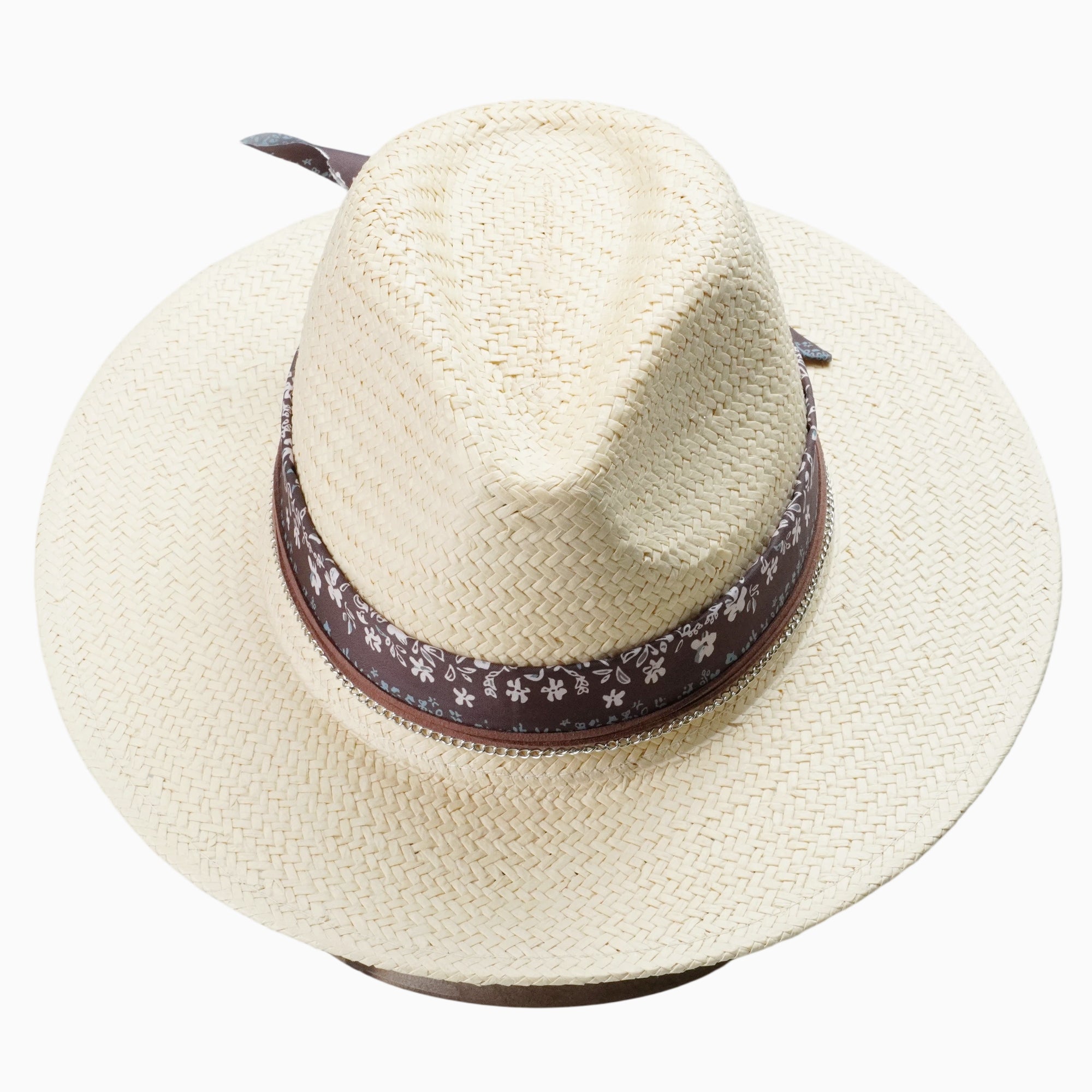 Breathable Straw Fedora with Floral Print Scarf & Chain Trim