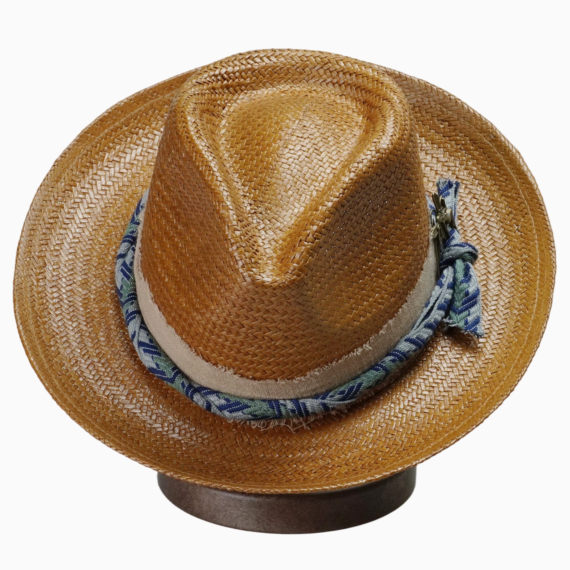 Caramel-Tone Straw Fedora with Layered Distressed Fabric and Woven Band