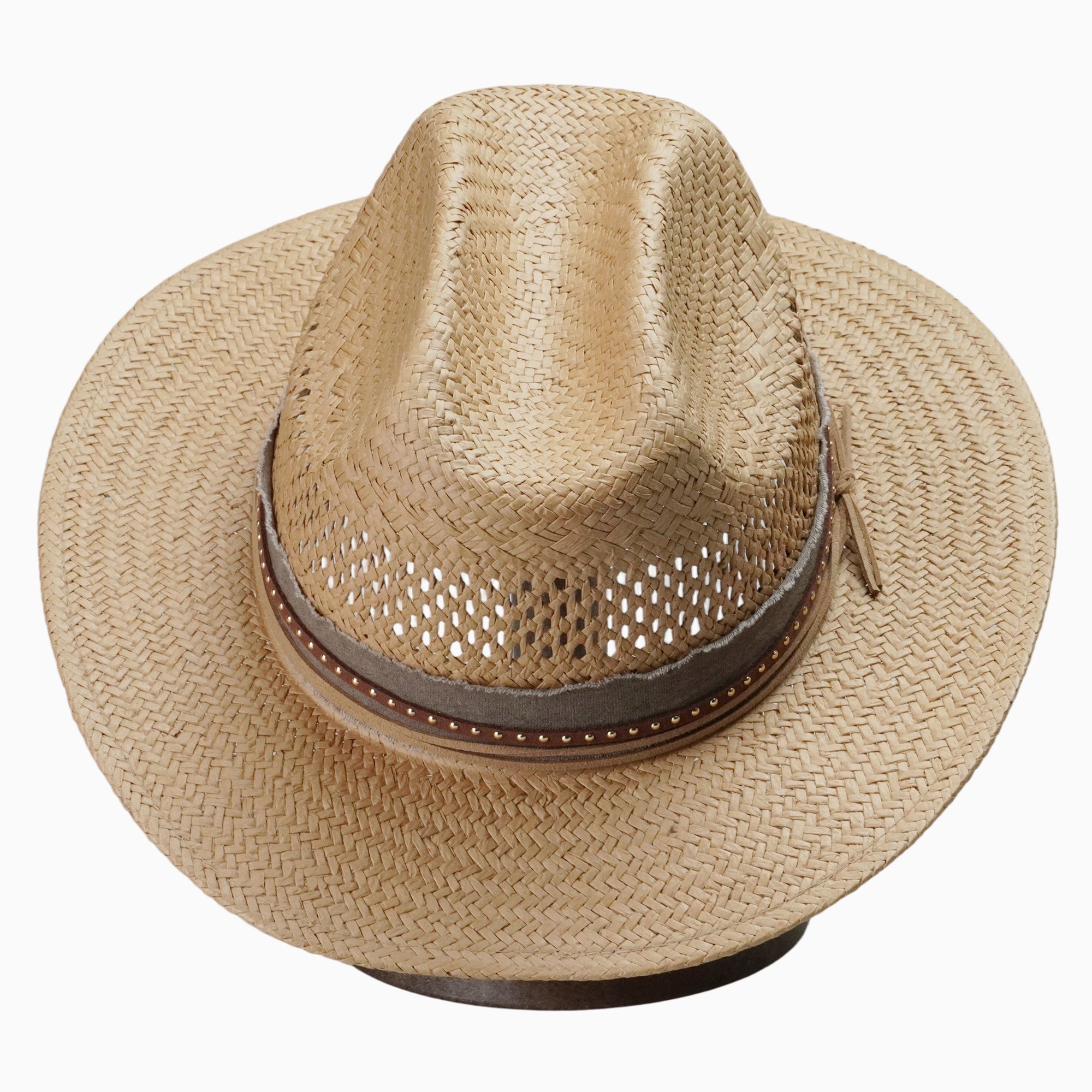 Light Brown Breathable Straw Fedora with Studded Leather-Trim Band