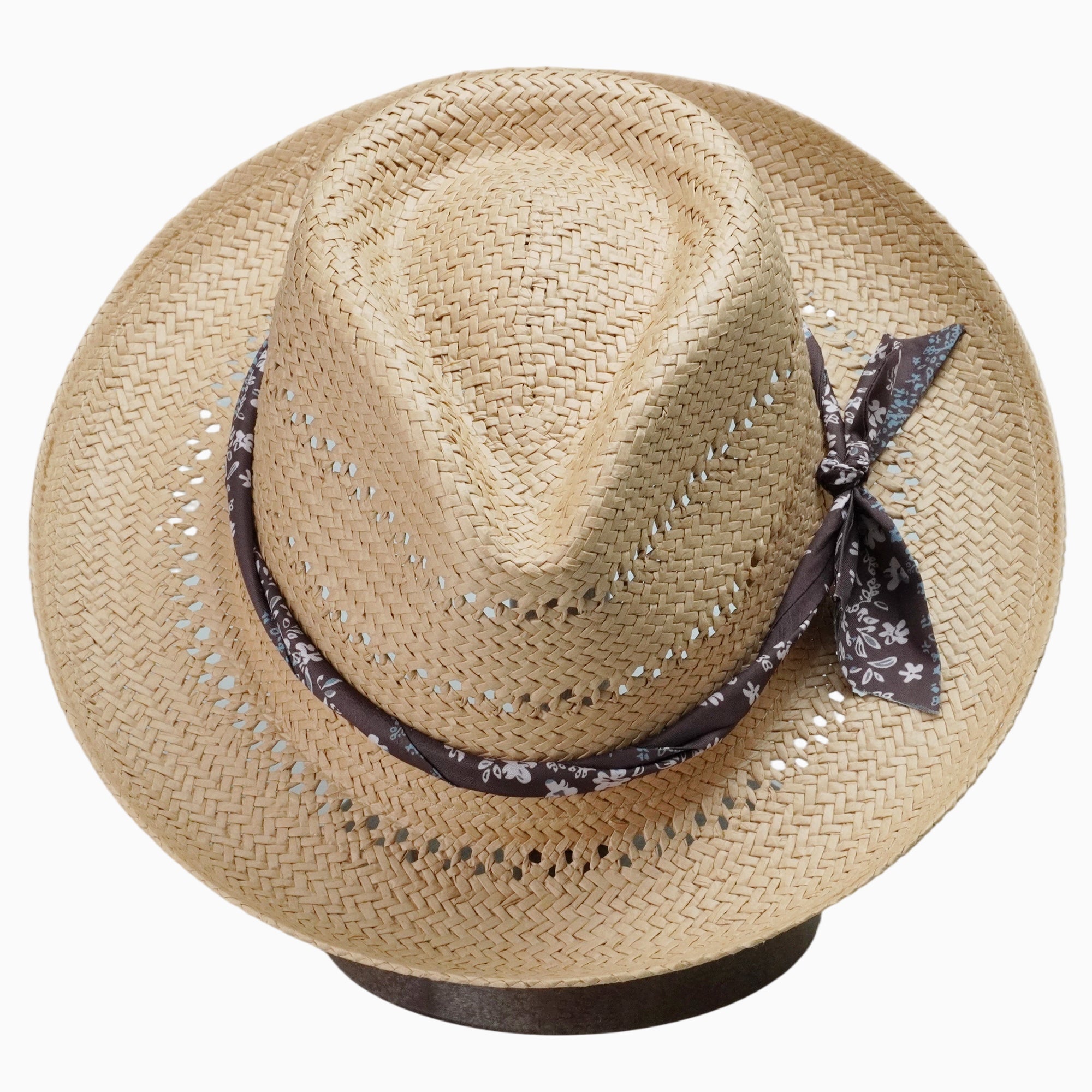 Light Brown Breathable Straw Fedora with Floral Band & Side Tie