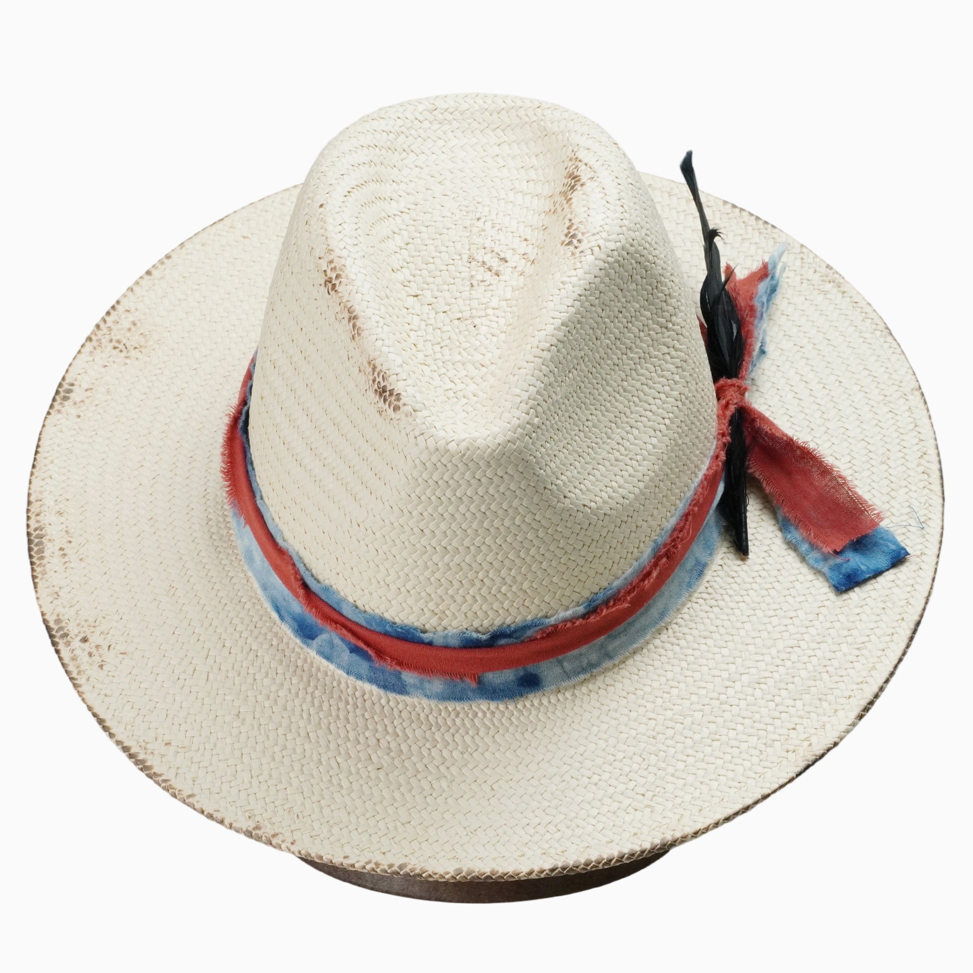 Beige Breathable Straw Fedora with Distressed Feather Band