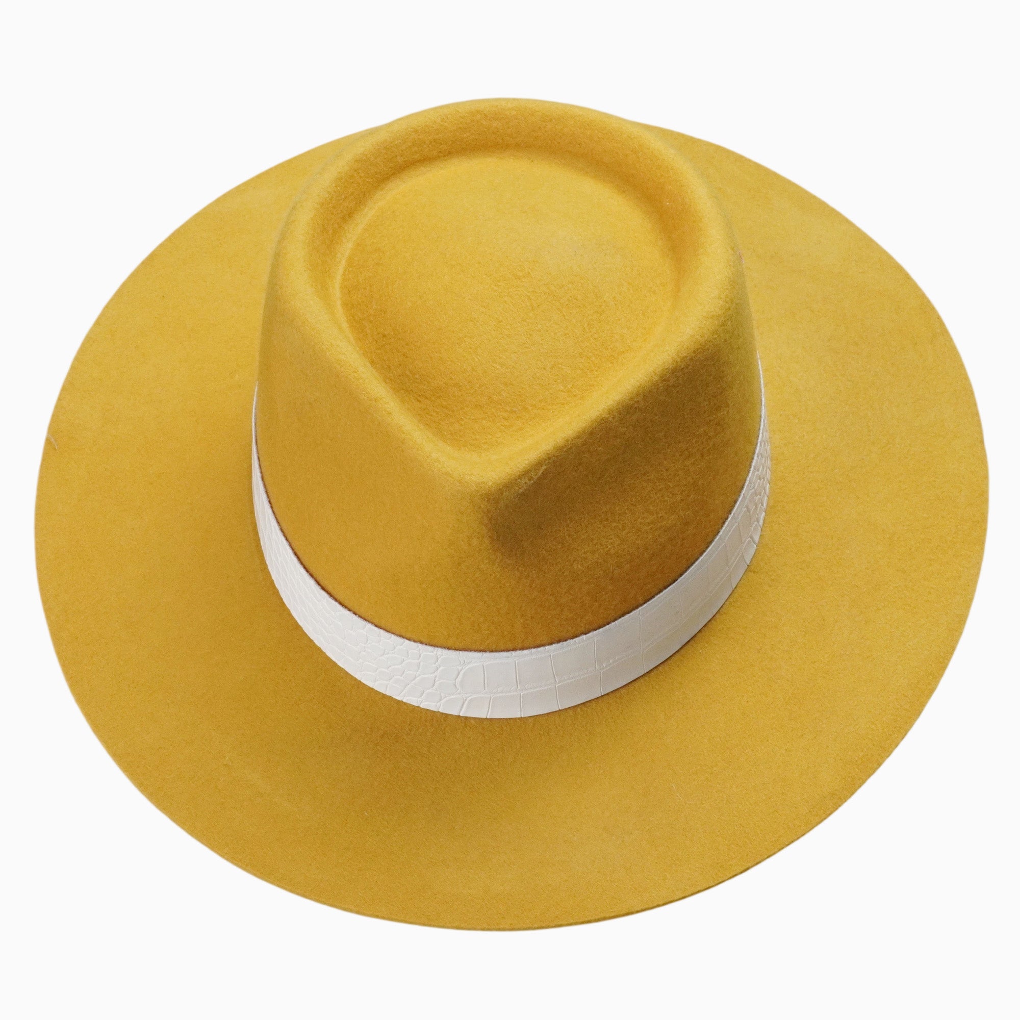 Mustard Yellow Felt Fedora with White Crocodile-Texture Band