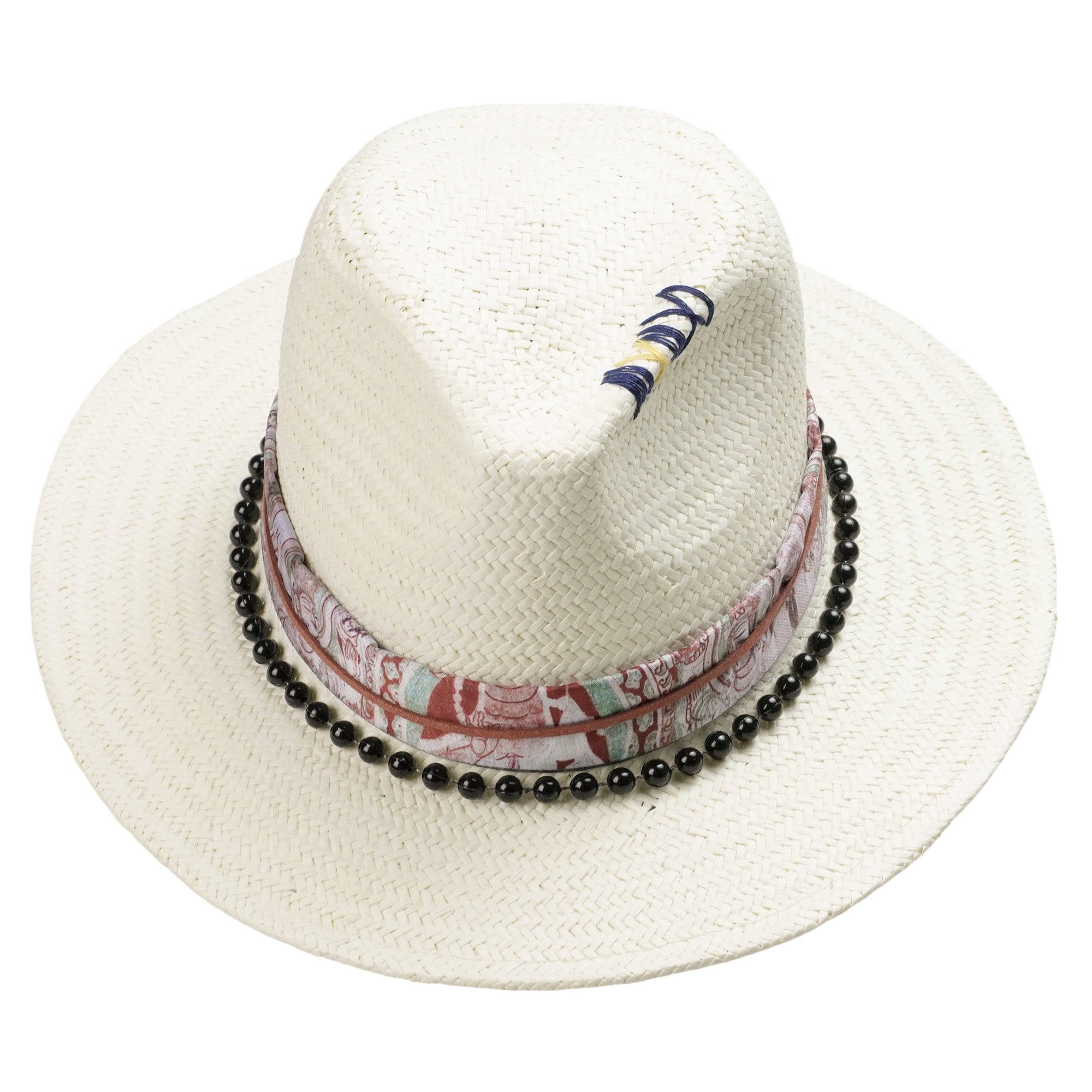 White Straw Hat with Printed Band & Black Beads