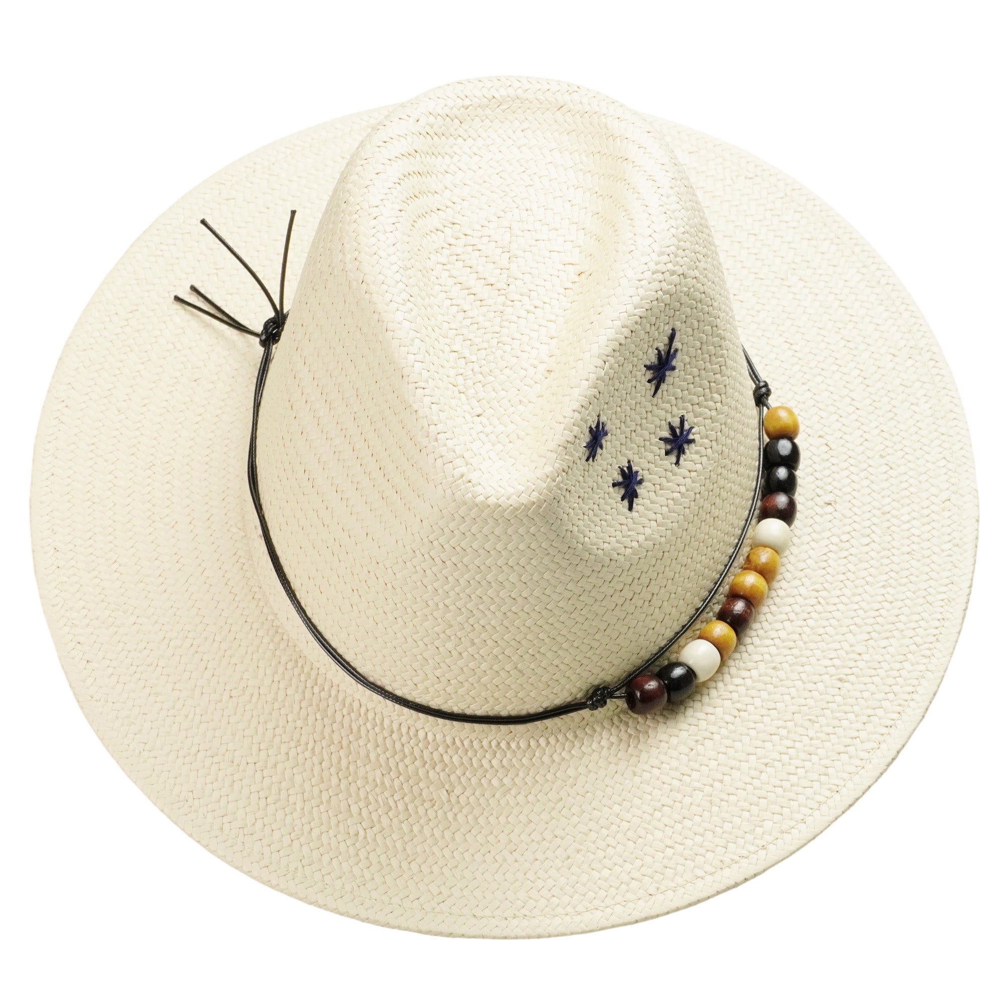 Beige Straw Hat with Colorful Beads & Star Stitching