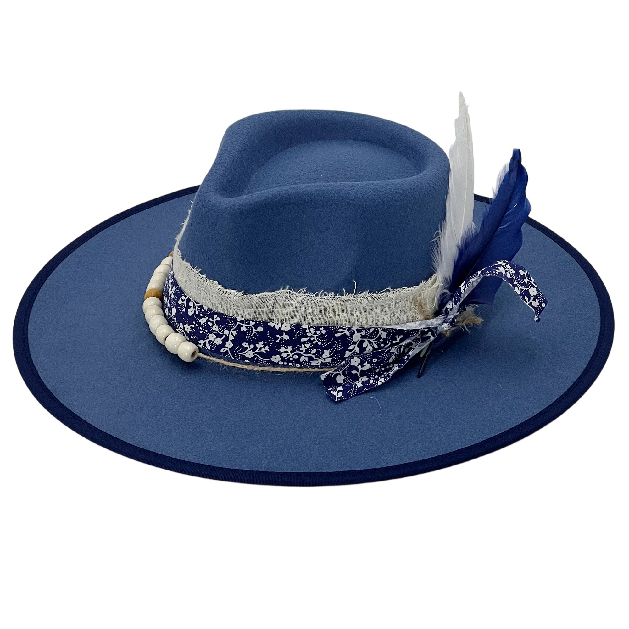Denim Blue Wide-Brim – Print, Feather & Beads