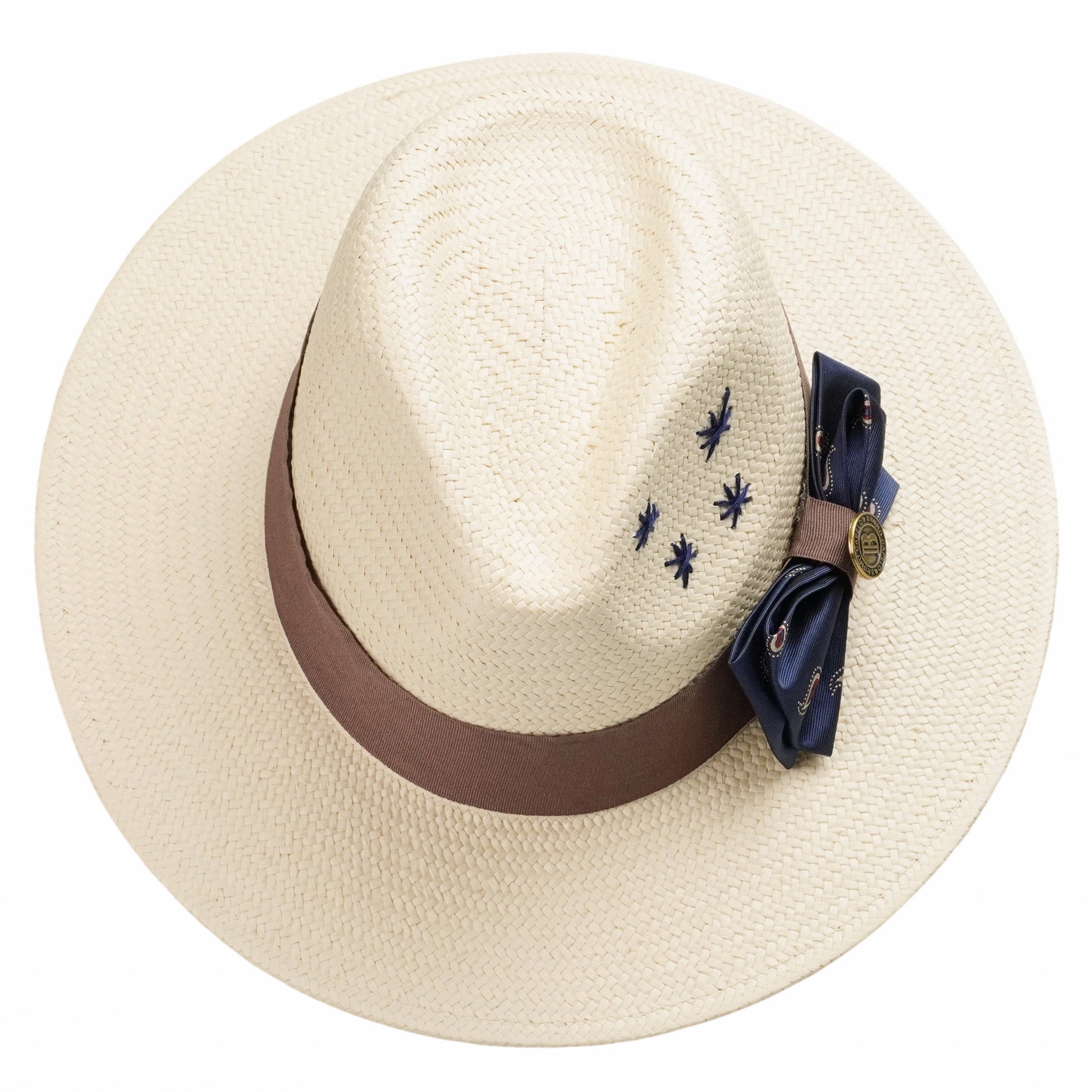 Beige Straw Hat with Delicate Bow & Star Stitching
