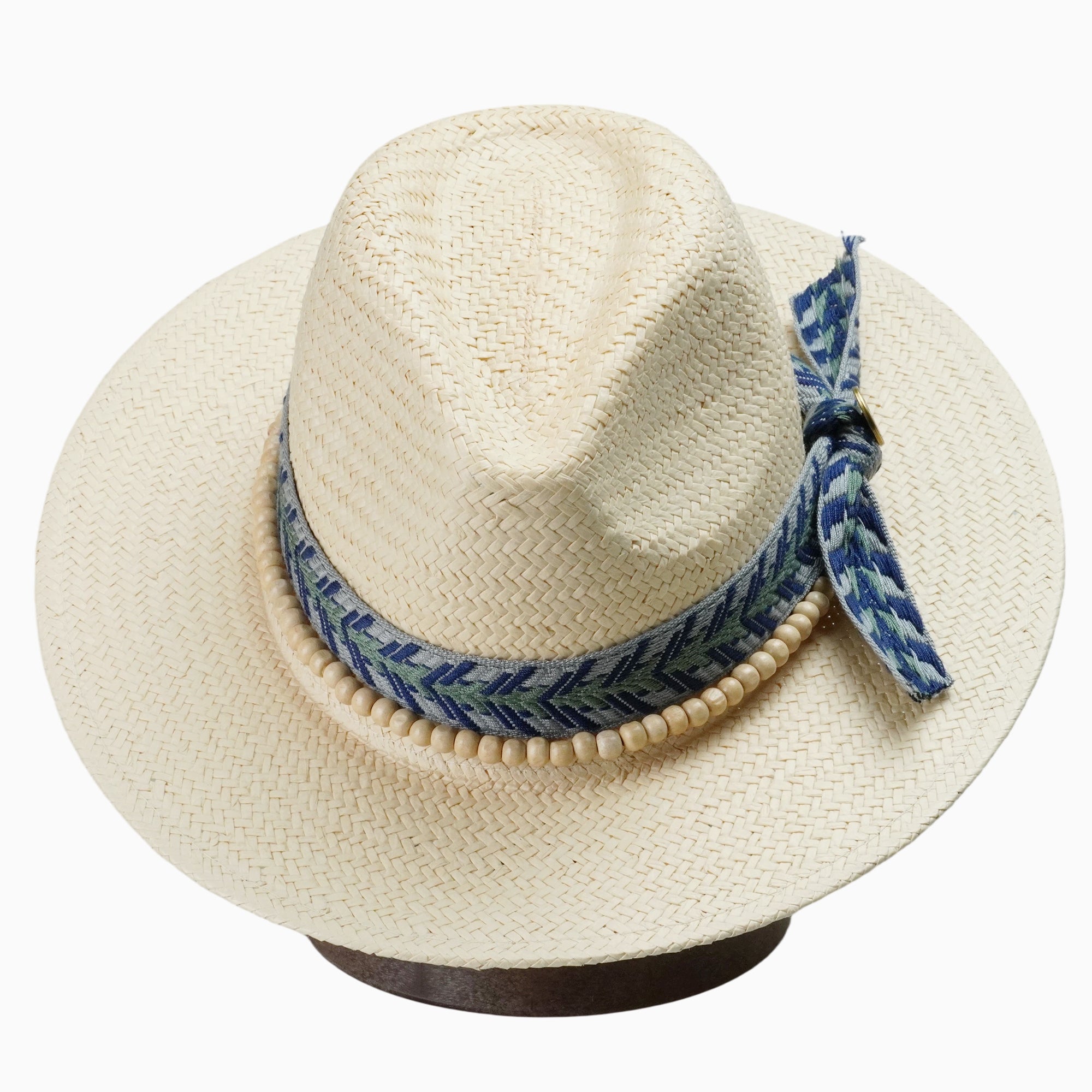 Beige Breathable Straw Fedora with Geometric Tribal Band & Wood Beads