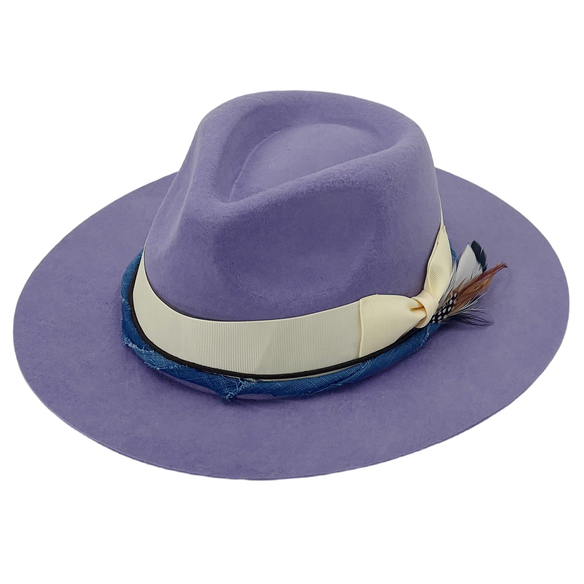 Violet Flat-Brim – White Bow, Blue & Feather