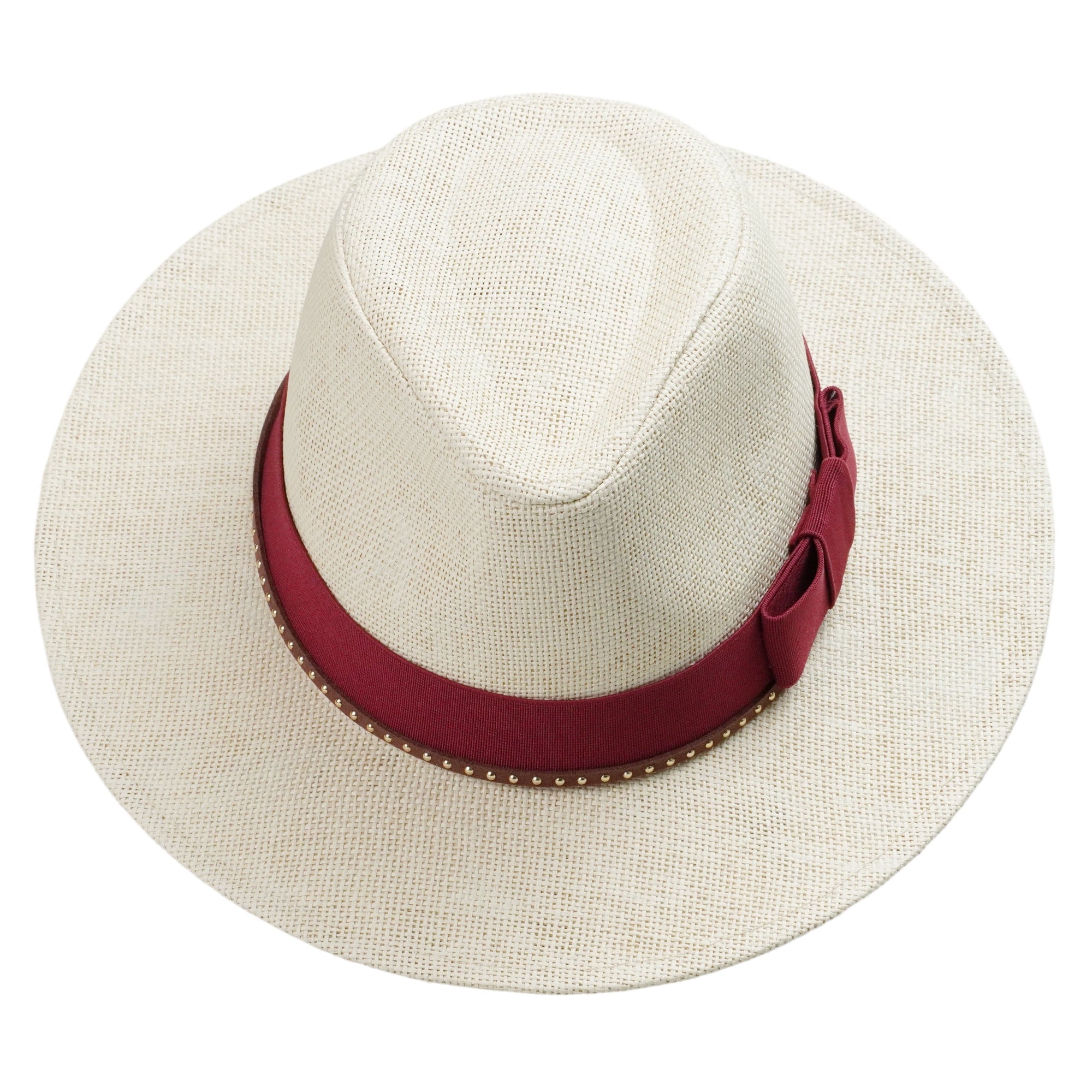 Beige Straw Hat with Dark Red Wide Band & Thin Cord