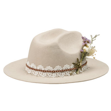 Cream Felt Hat - Star Chain & Bronze Yellow Pin