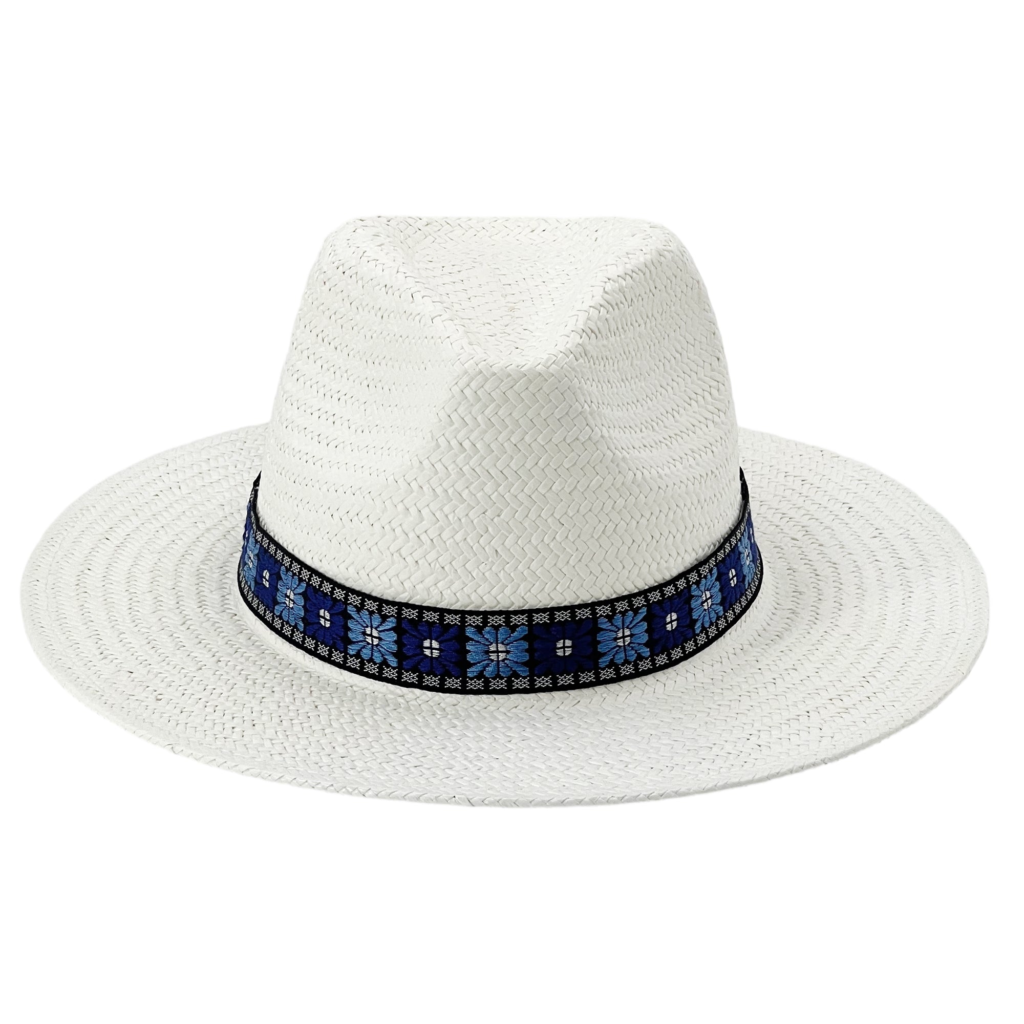 Straw Hat with Patterned Fabric Band
