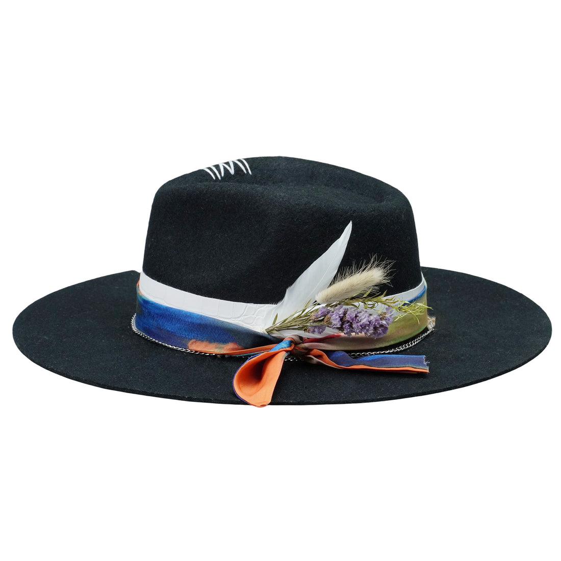Black Felt Hat - Stitched Detail with Art Fabric Strap