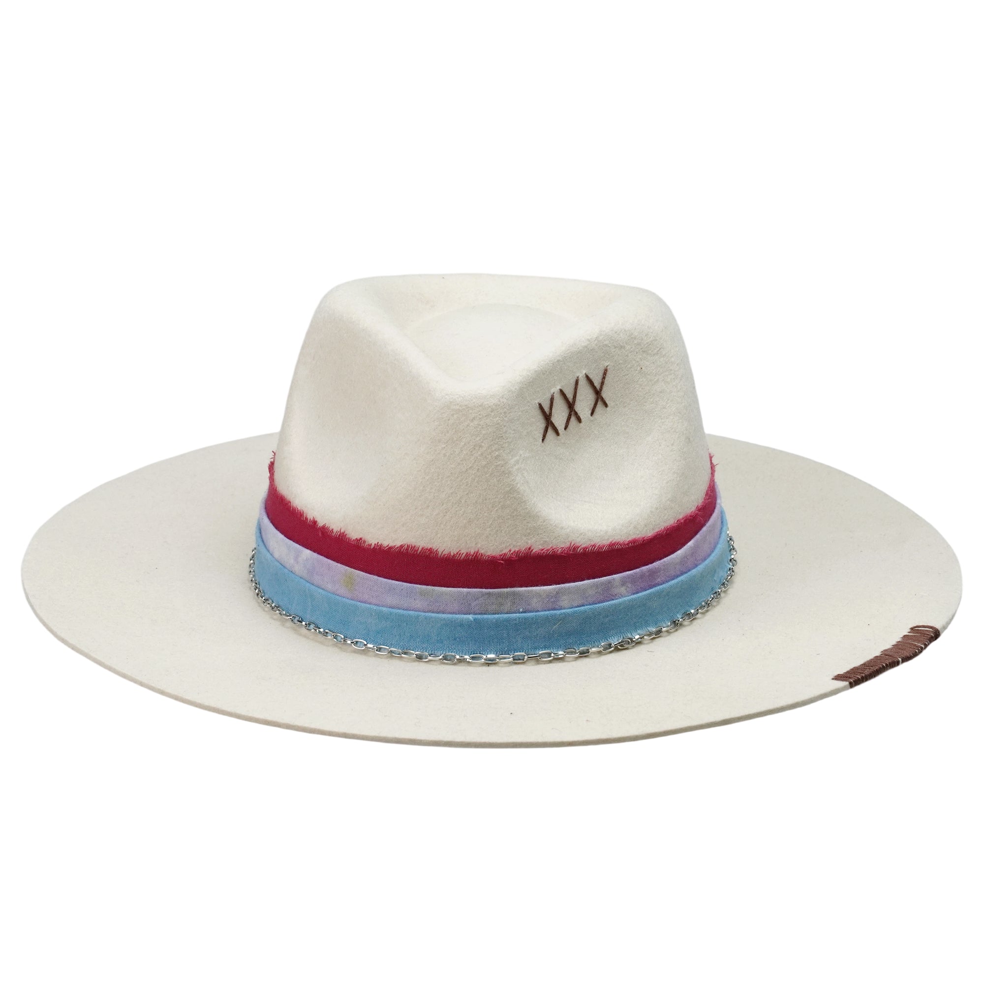 Off-White Straight Brim Felt Hat with Silver Chain