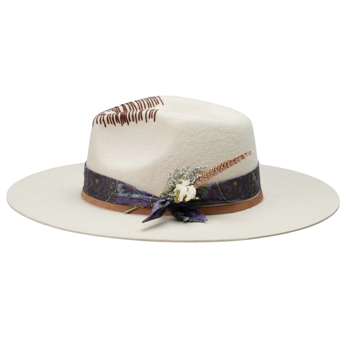 Teardrop Fedora - Off-White with Feather & Brown Cord Detail