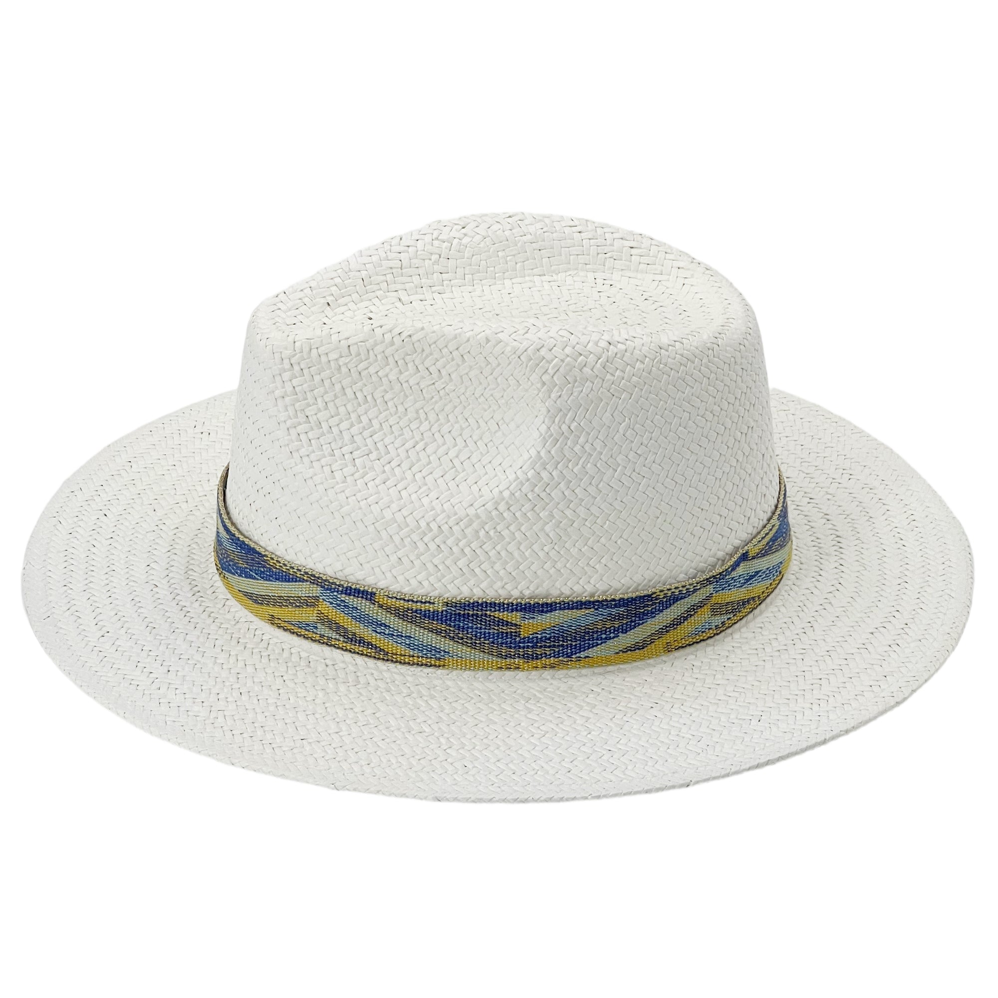 White Straw Hat – Woven Blue & Yellow Trim