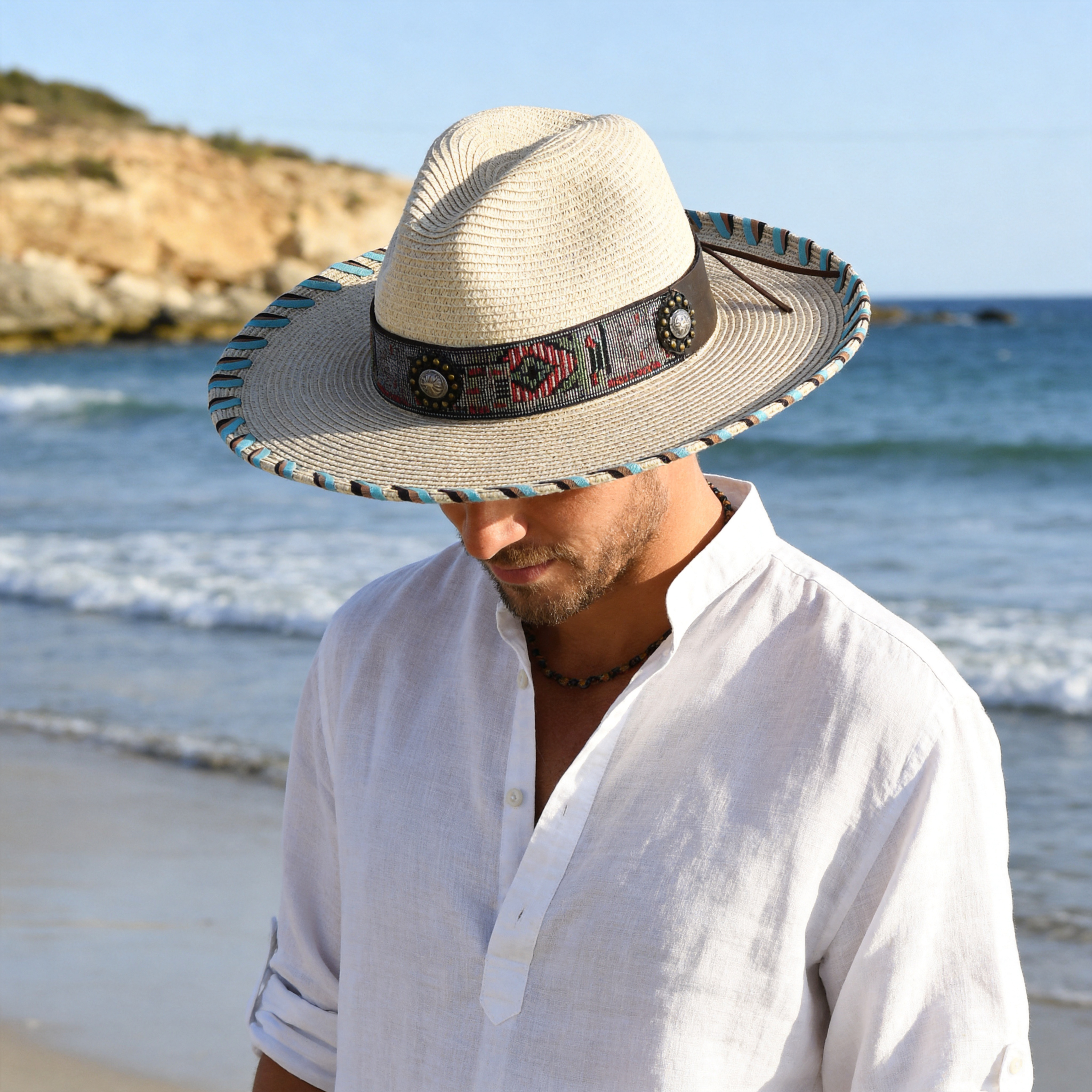 Wide-Brim Straw Hat – Textured Edge, Stylish Hatband