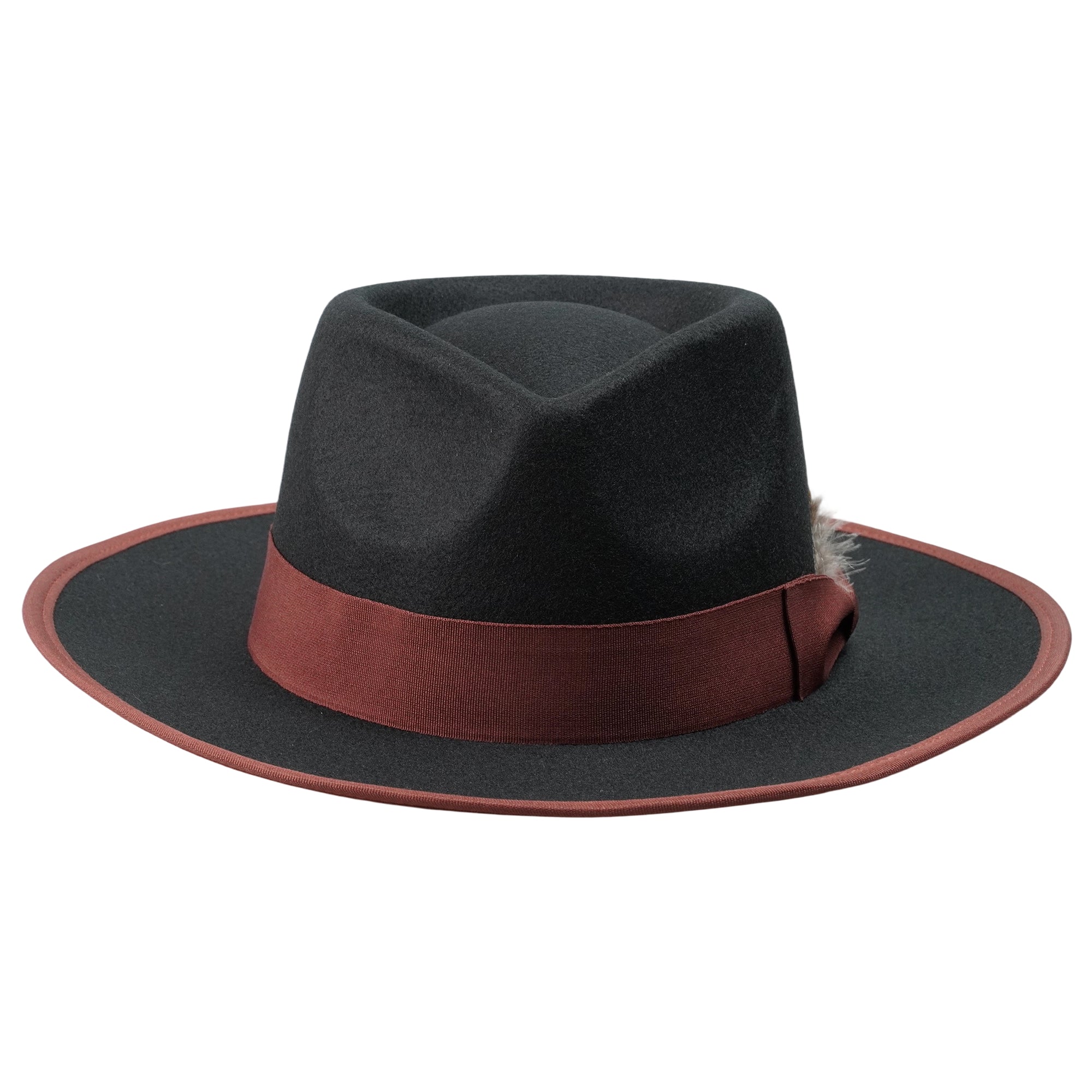 Black Felt Fedora with Burgundy Bow & Feather
