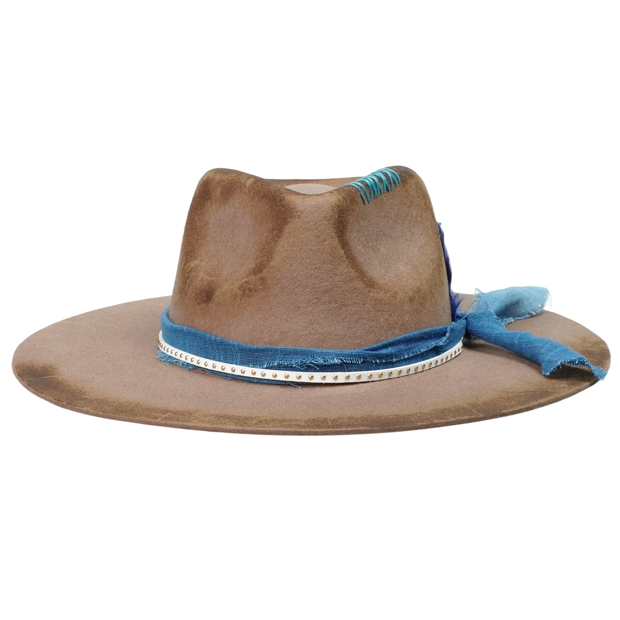 Hand-Burned Camel Felt Hat – Fabric Band, Feather Accent