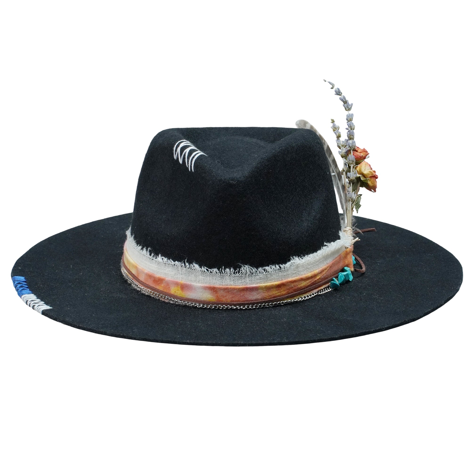 Teardrop Fedora - Black with Stitched Details & Turquoise