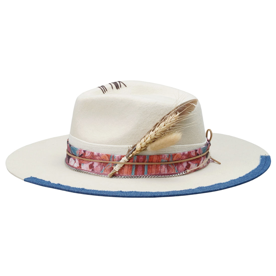 Stitched Teardrop Fedora - Off-White with Dried Flower Bouquet