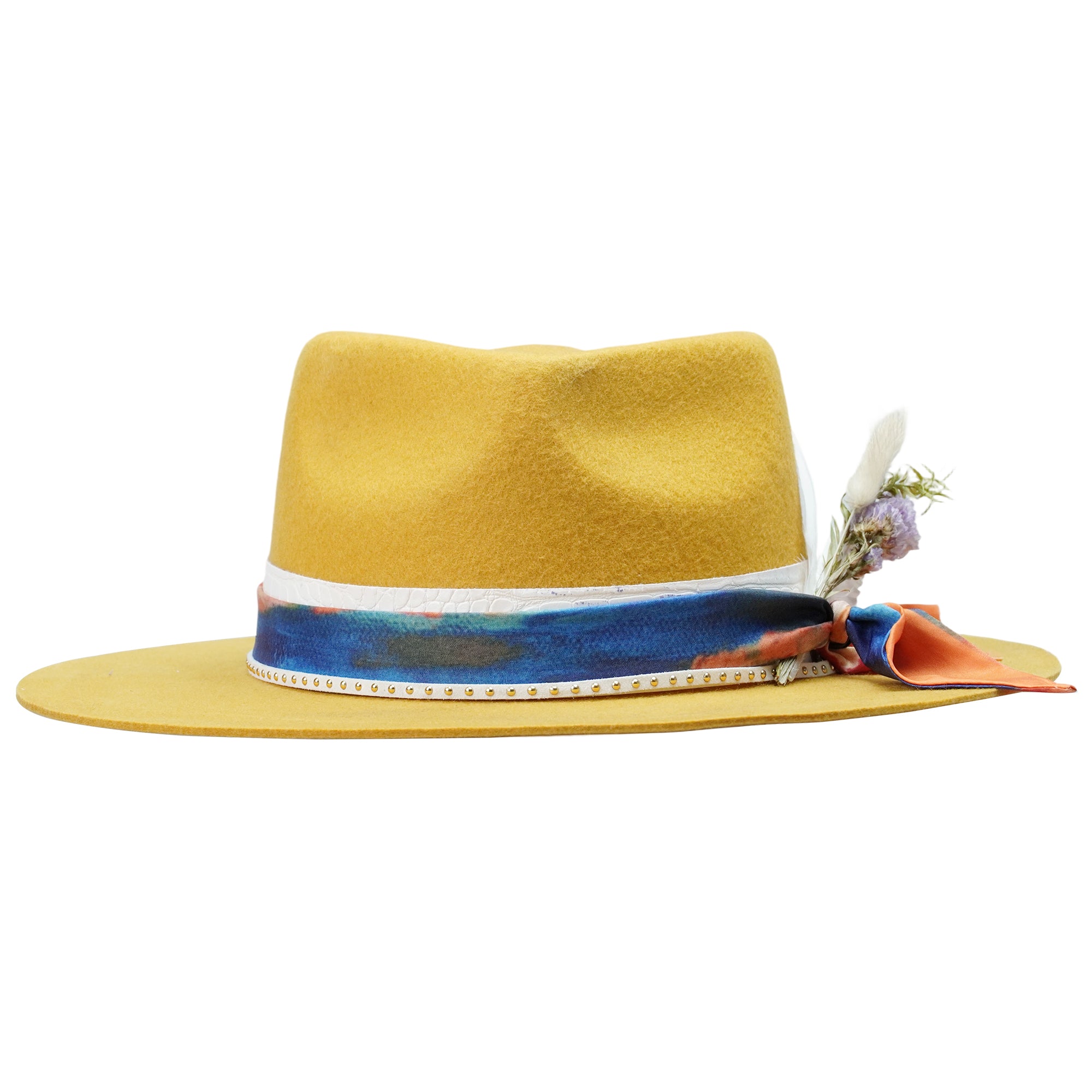 Yellow Felt Hat - Custom Art Fabric with Floral Detail