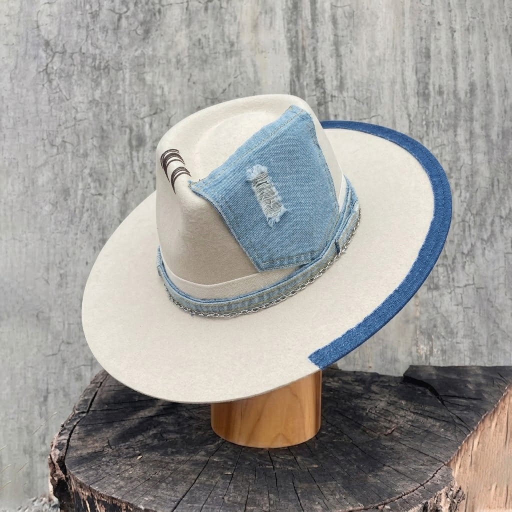 Cream Felt Fedora with Denim & Silver Chain
