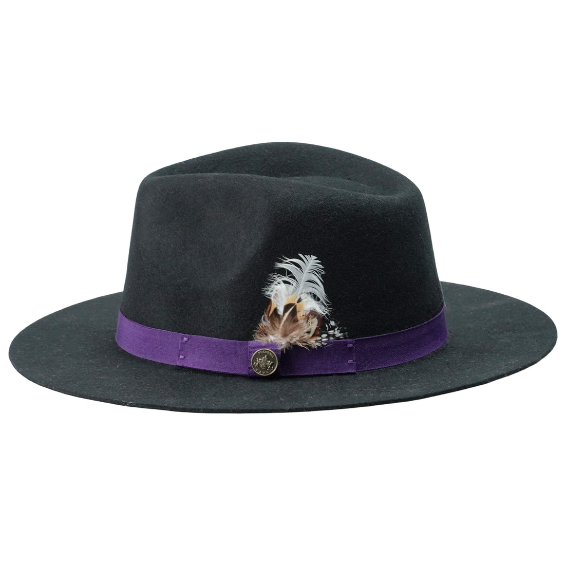 Black Flat Brim Felt Hat with Purple Band