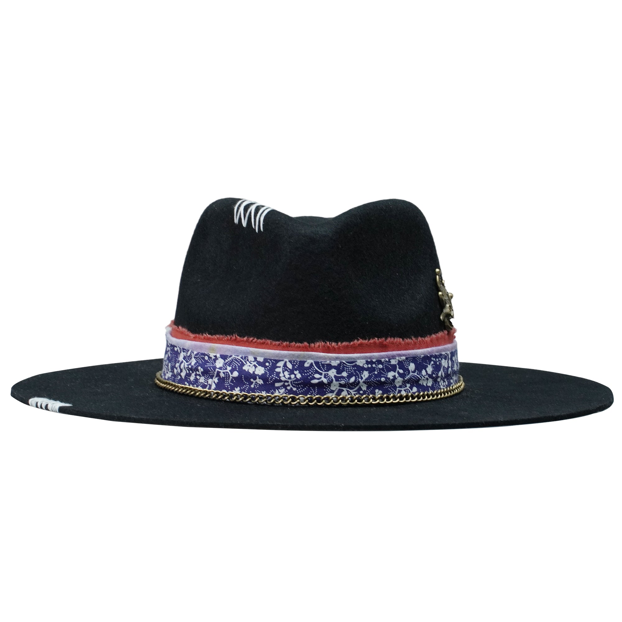 Felt Hat: Floral Fabric and Ornate Metal Detail
