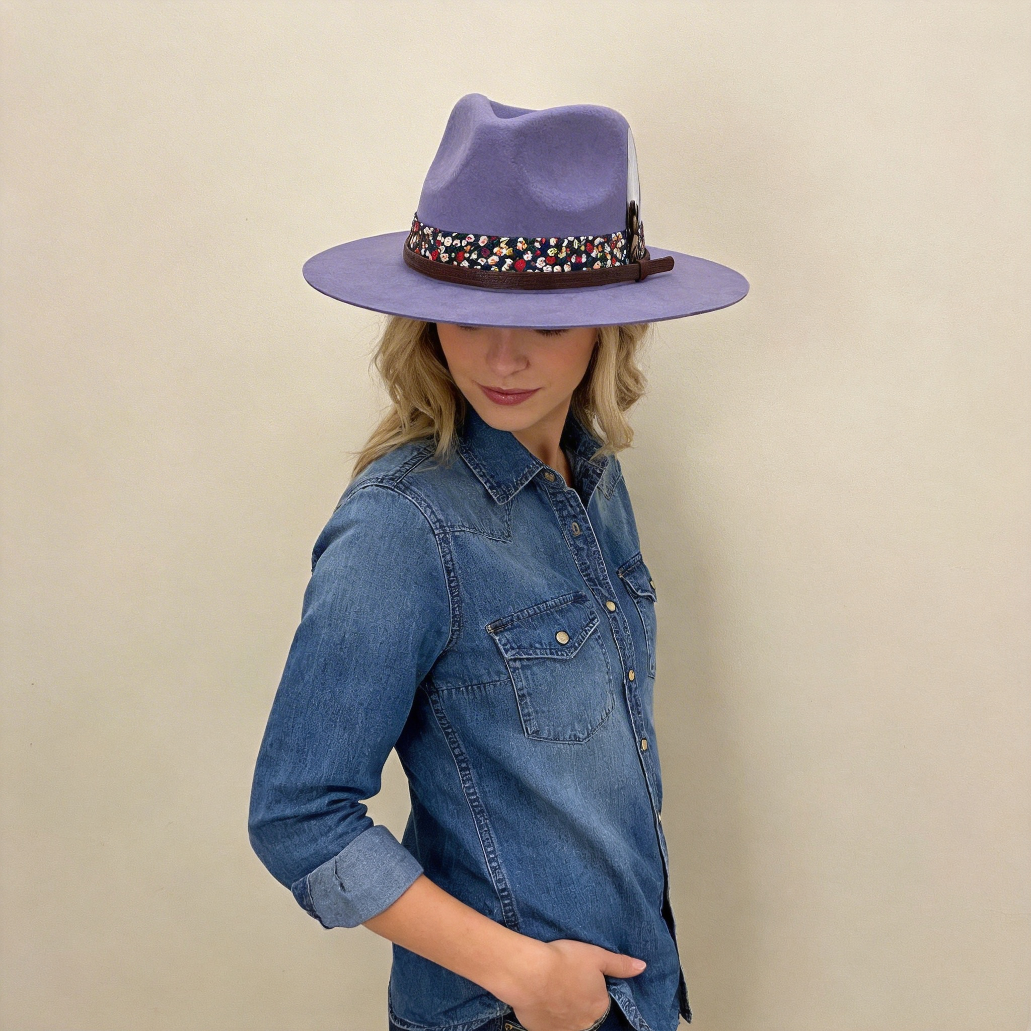 Deep Plum Flat-Brim – Feather & Floral Band
