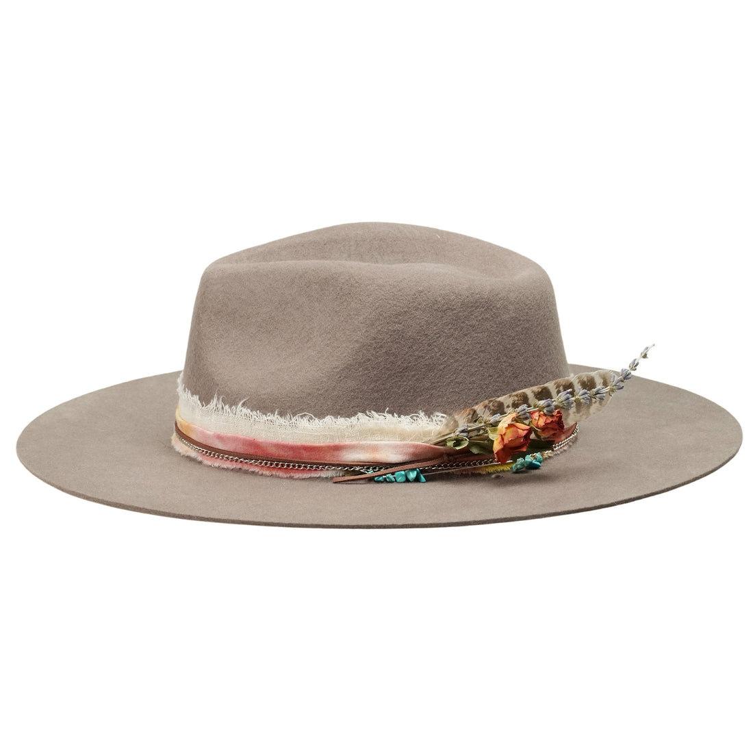 Camel Felt Hat - Silver Chain & Natural Feather Detail
