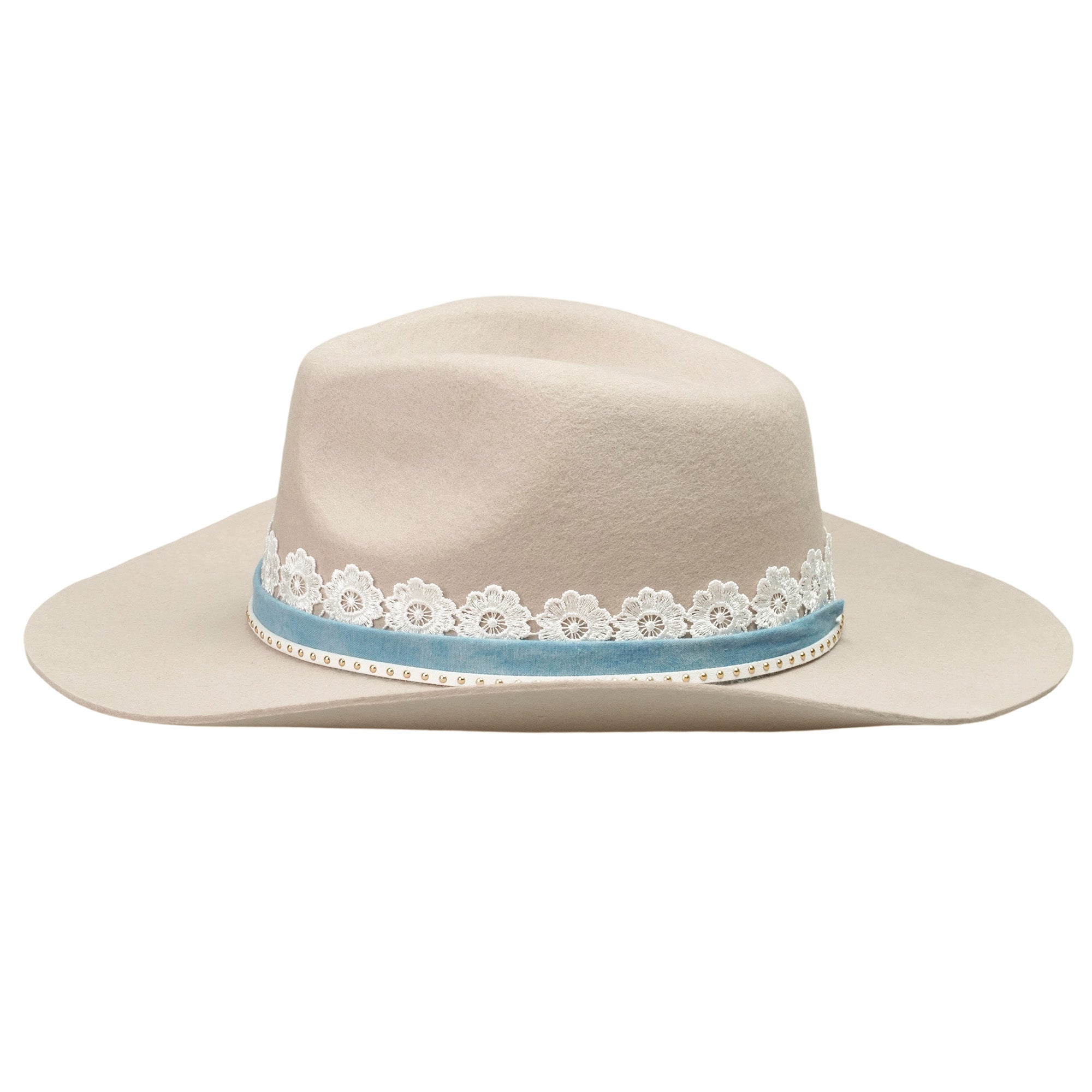 Off-White Rolled Brim Felt Hat with Lace & Denim Band
