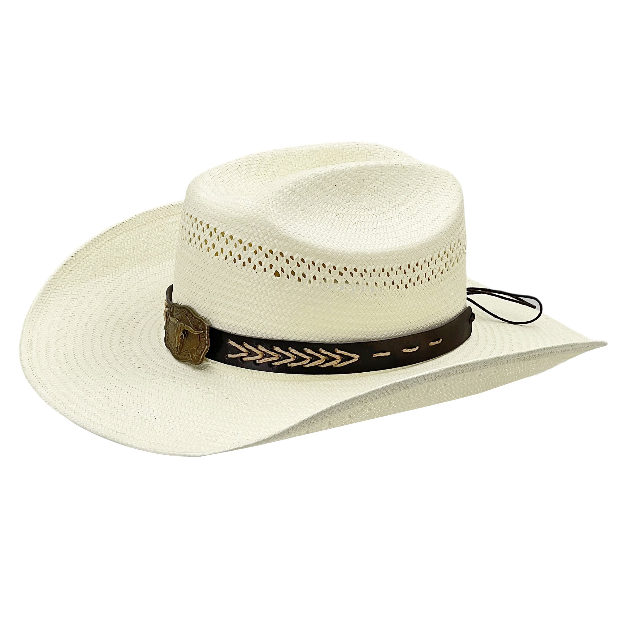 Beige Straw Hat – Retro Metal Detail