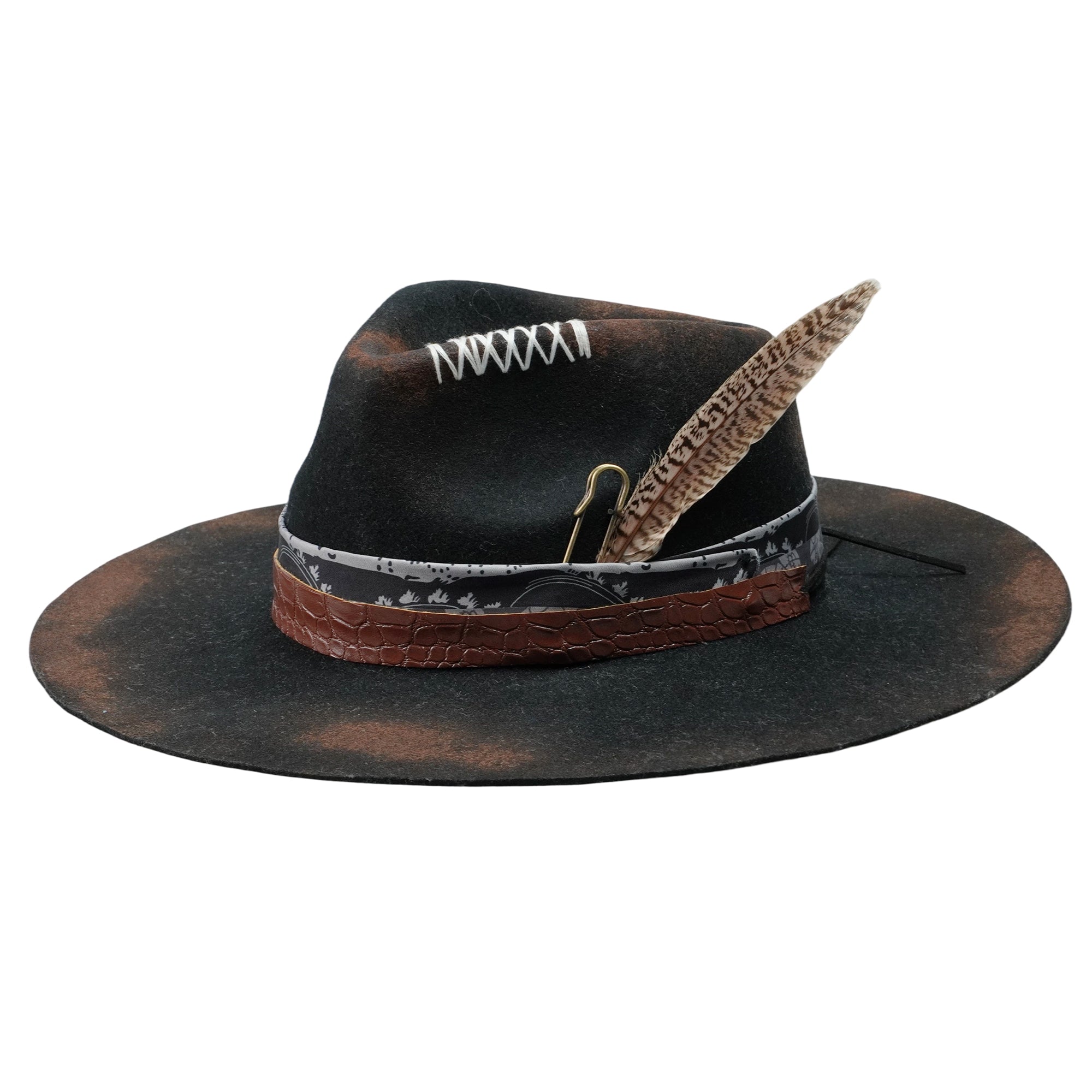 Felt Hat – Black with Teardrop Crown and Burnt Edges