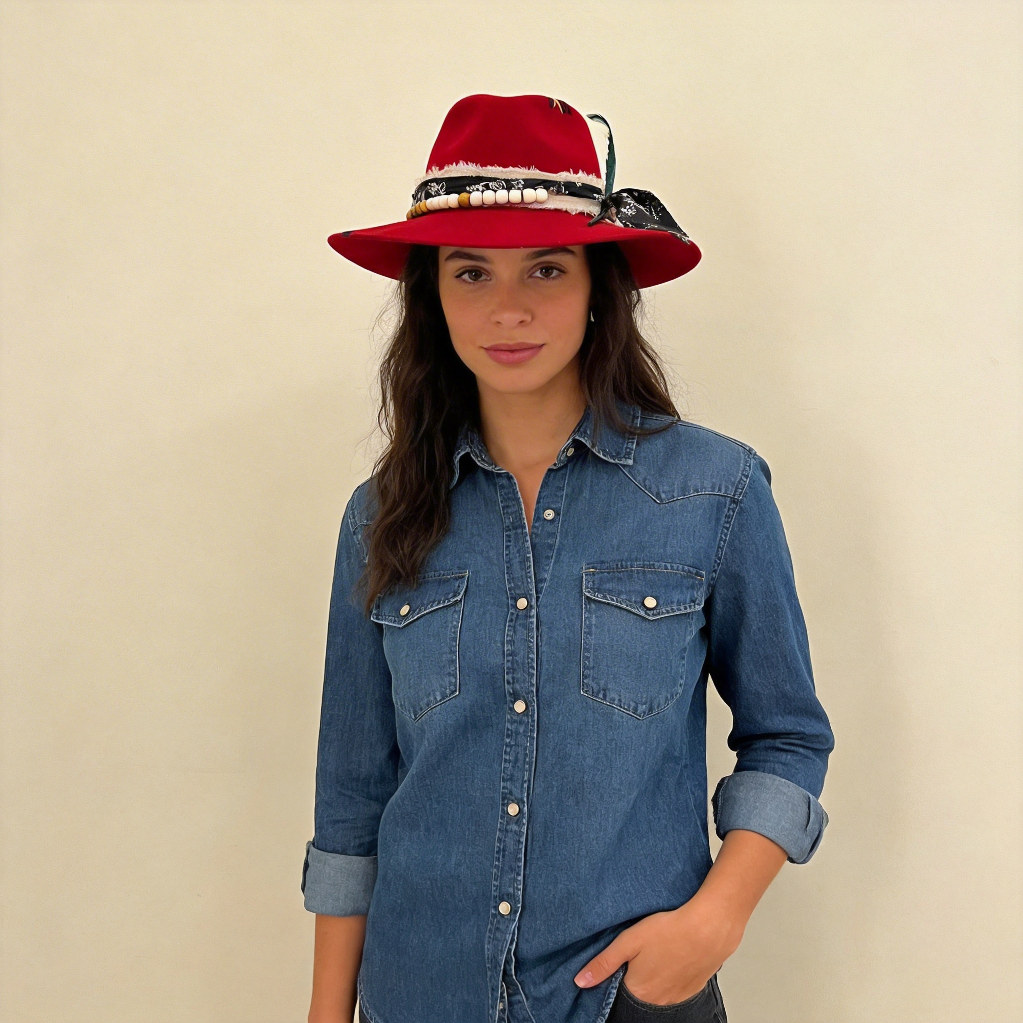 Bold Red Hat w/ Woven & Beaded Trim