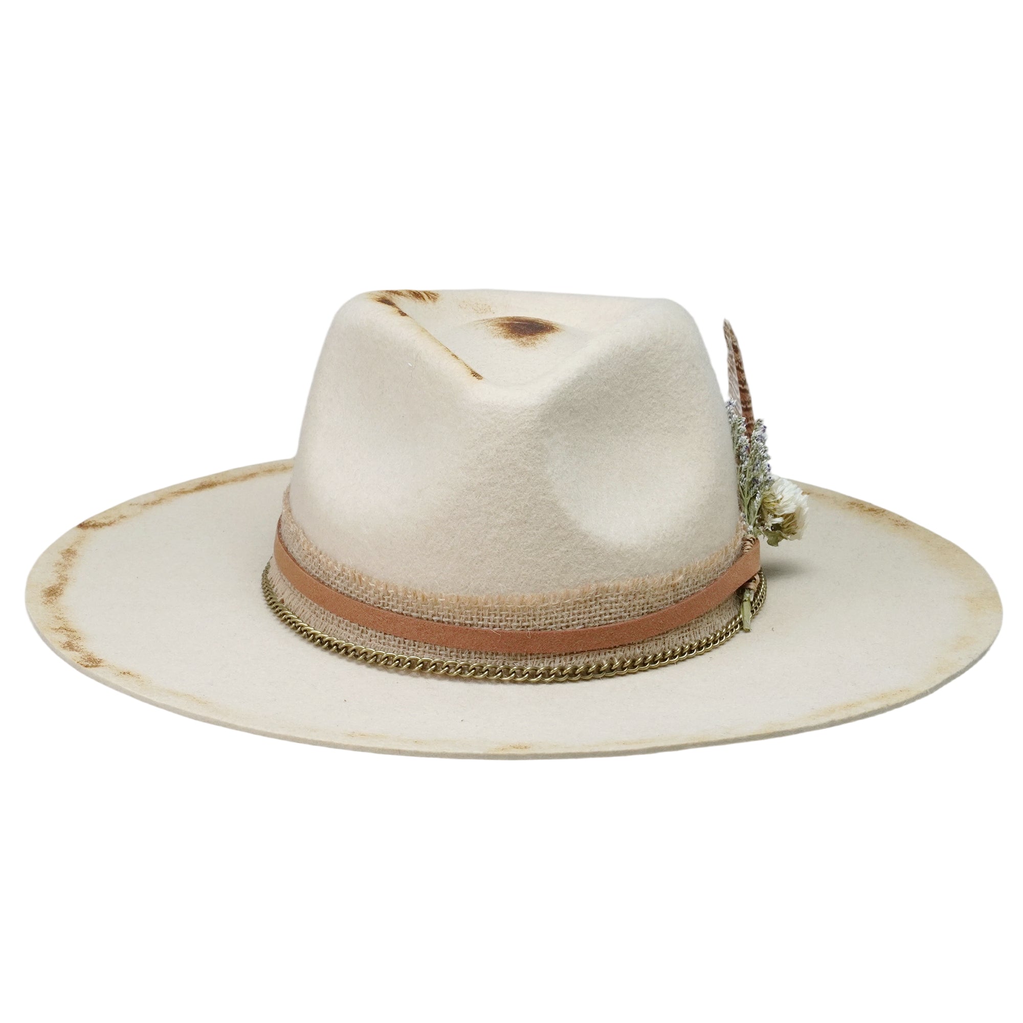 Off-White Flat Brim Felt Hat with Dried Flowers