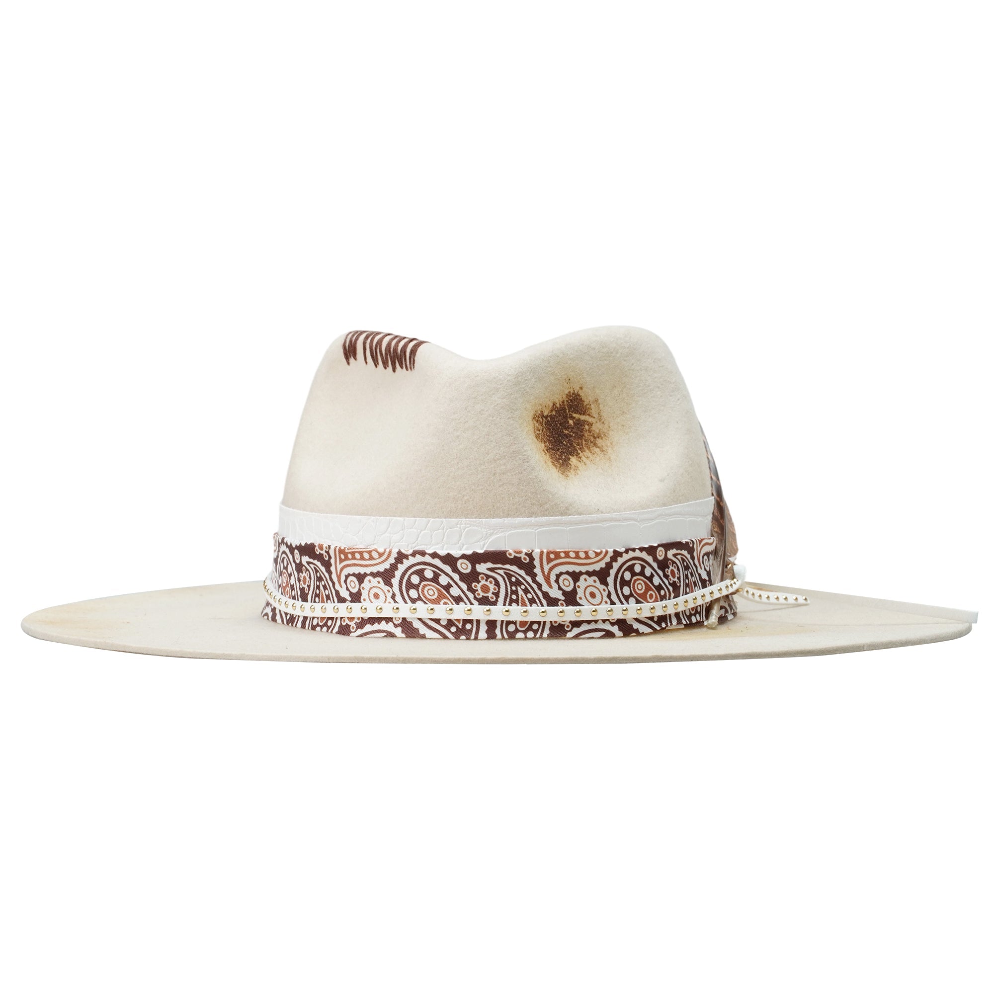 Felt Hat with Charred Detail and Delicate Feathers