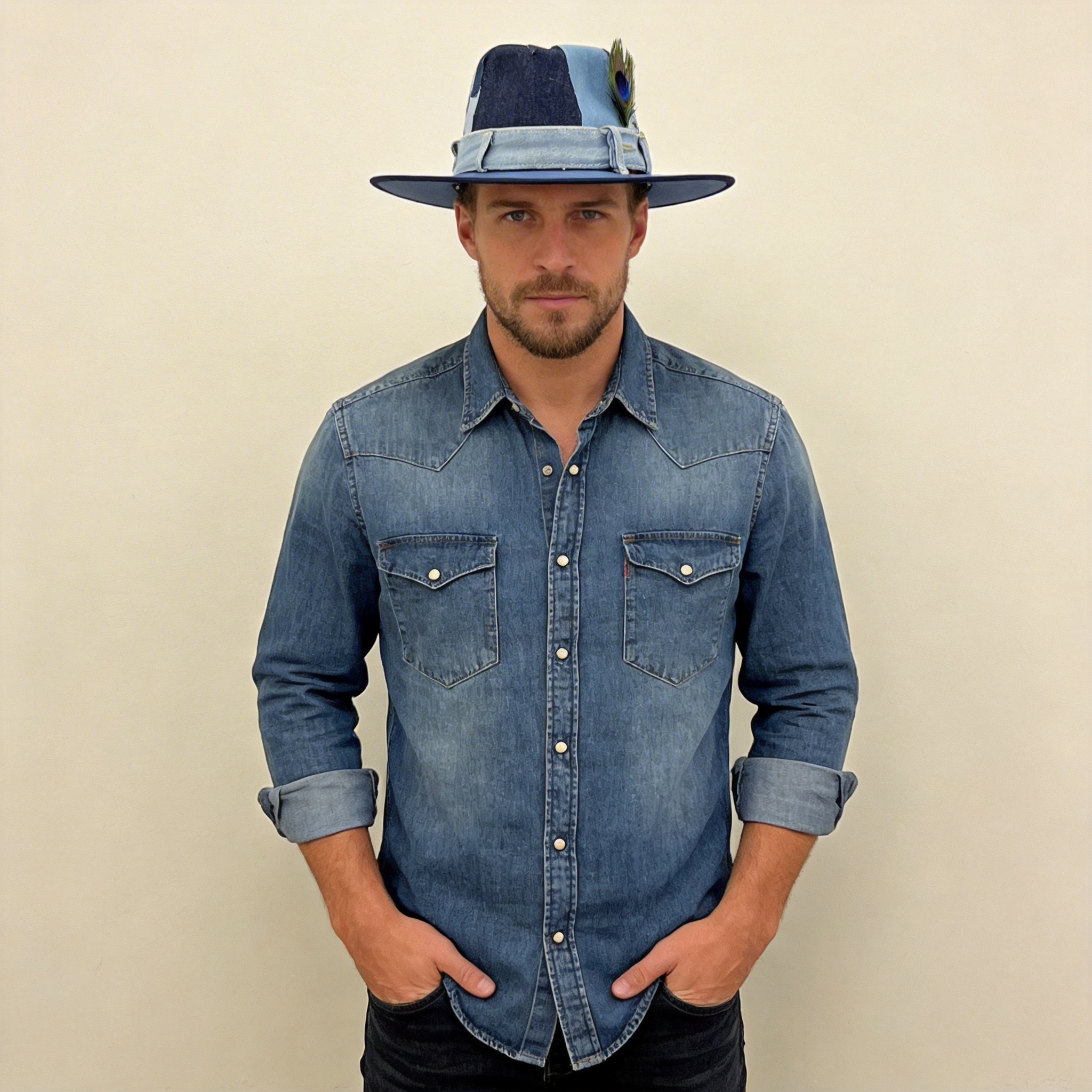 Patchwork Denim Wide-Brim Hat