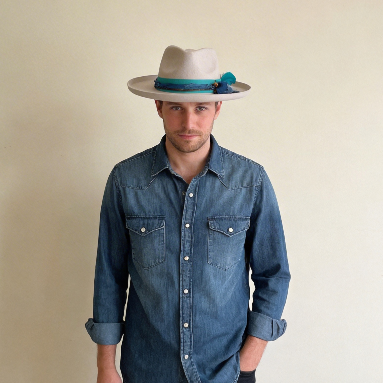 White Wide-Brim Hat – Vibrant Feather Accent
