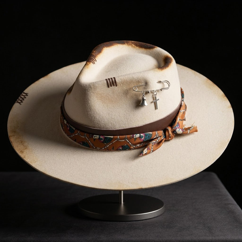 Hand-Burned Edgy Felt Hat – Neutral Tone, Textural Contrast Band