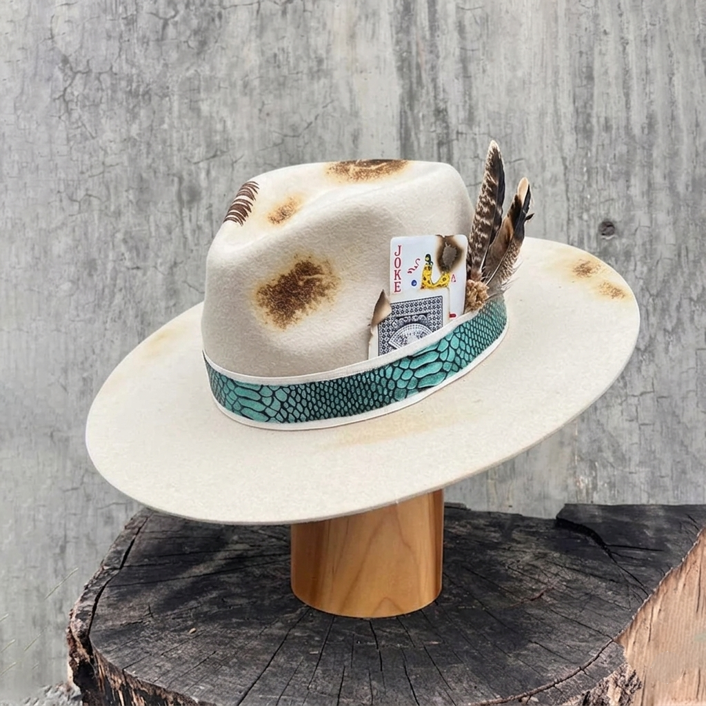 Teardrop Felt Hat with Ornate Band & Charred Card