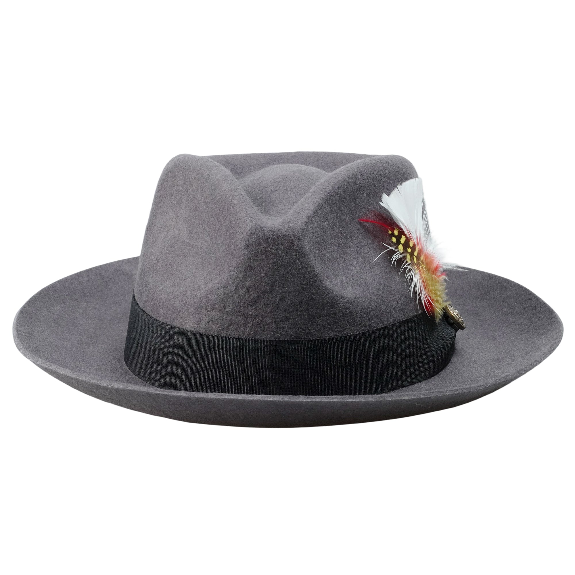 Gray Rolled Brim Fedora with Feather & Metal Buckle