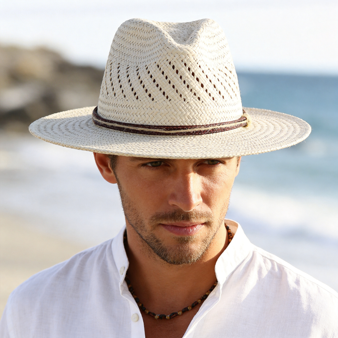Straw Hat – Beige with Openwork Crown