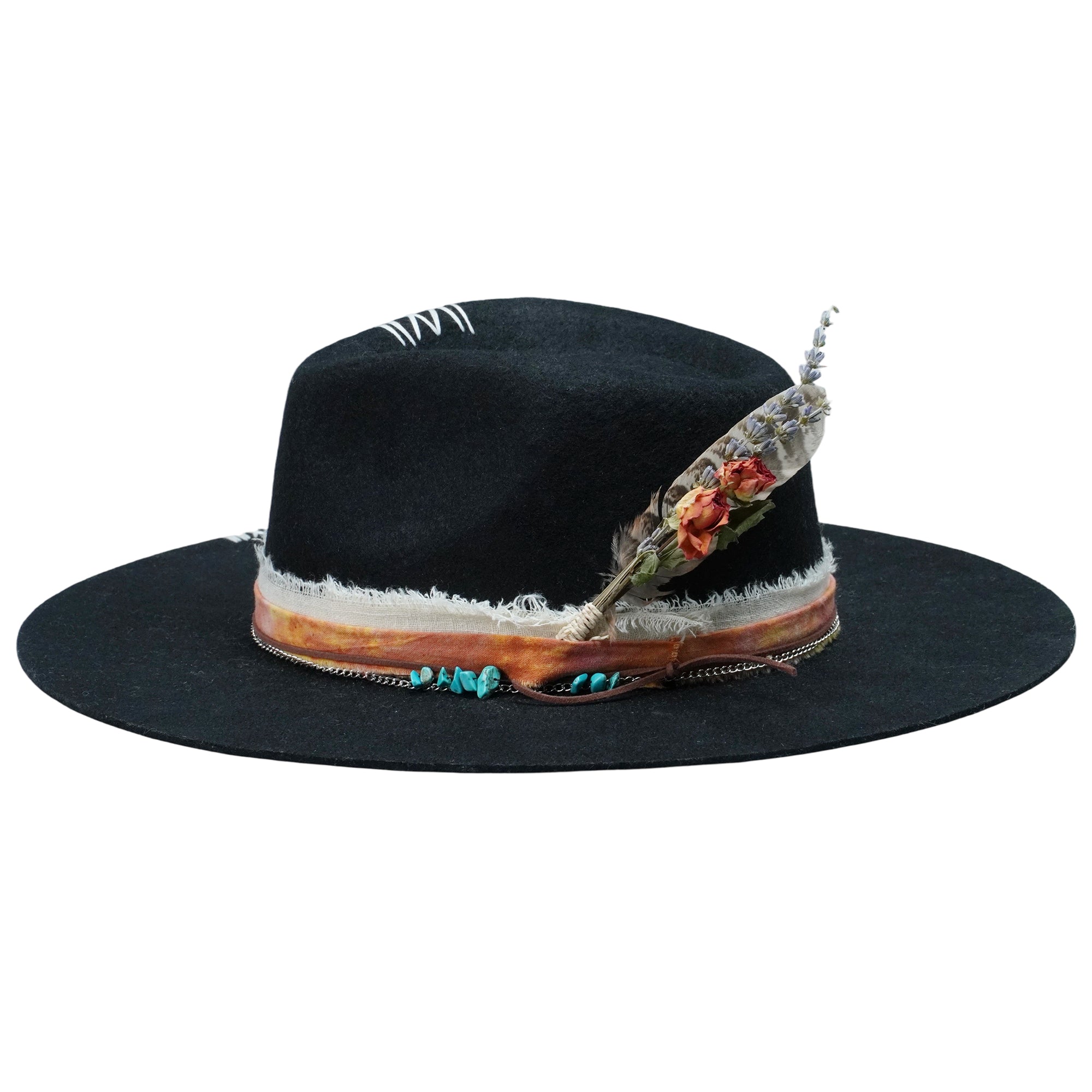 Teardrop Fedora - Black with Stitched Details & Turquoise