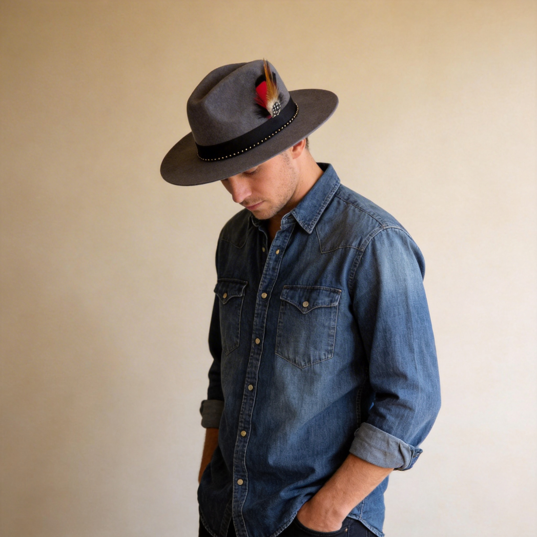 Deep Gray Wide-Brim – Bright Feather Accent