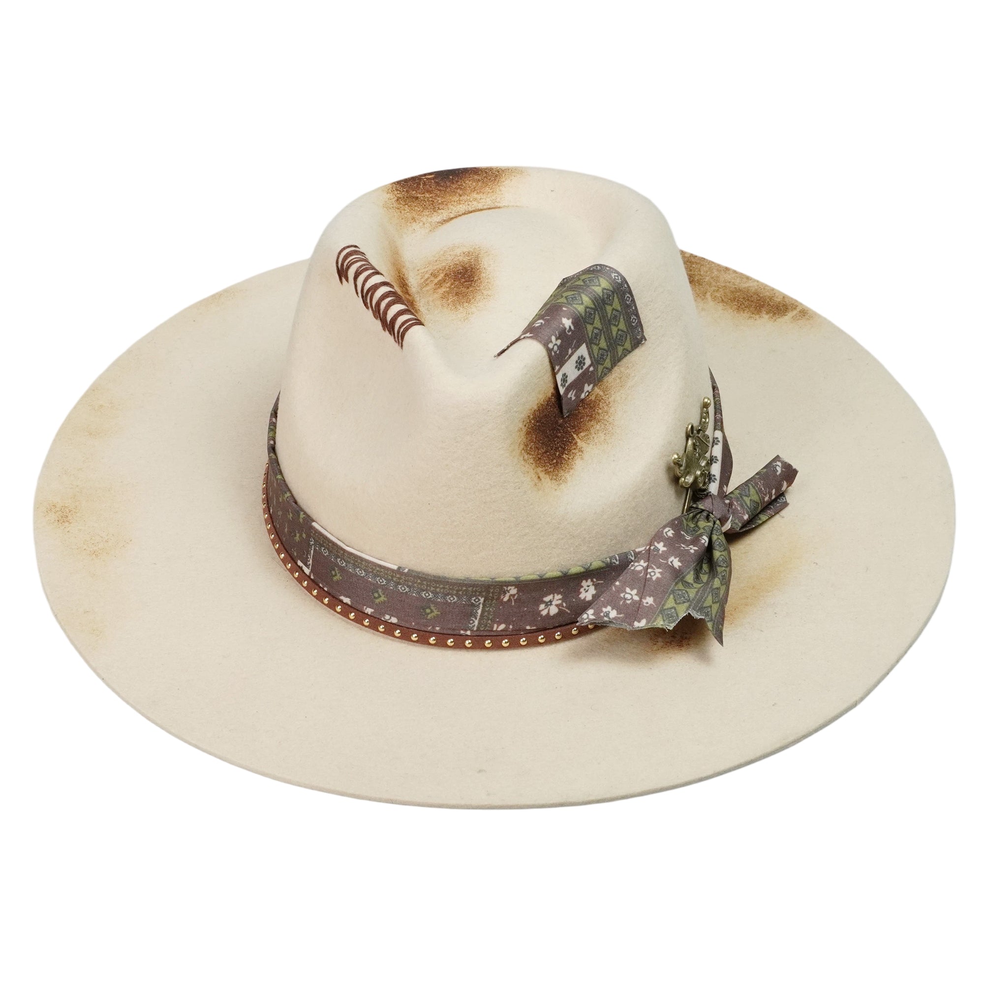 Hand-Burned Edgy Felt Hat – Neutral Tone, Mixed Media Band