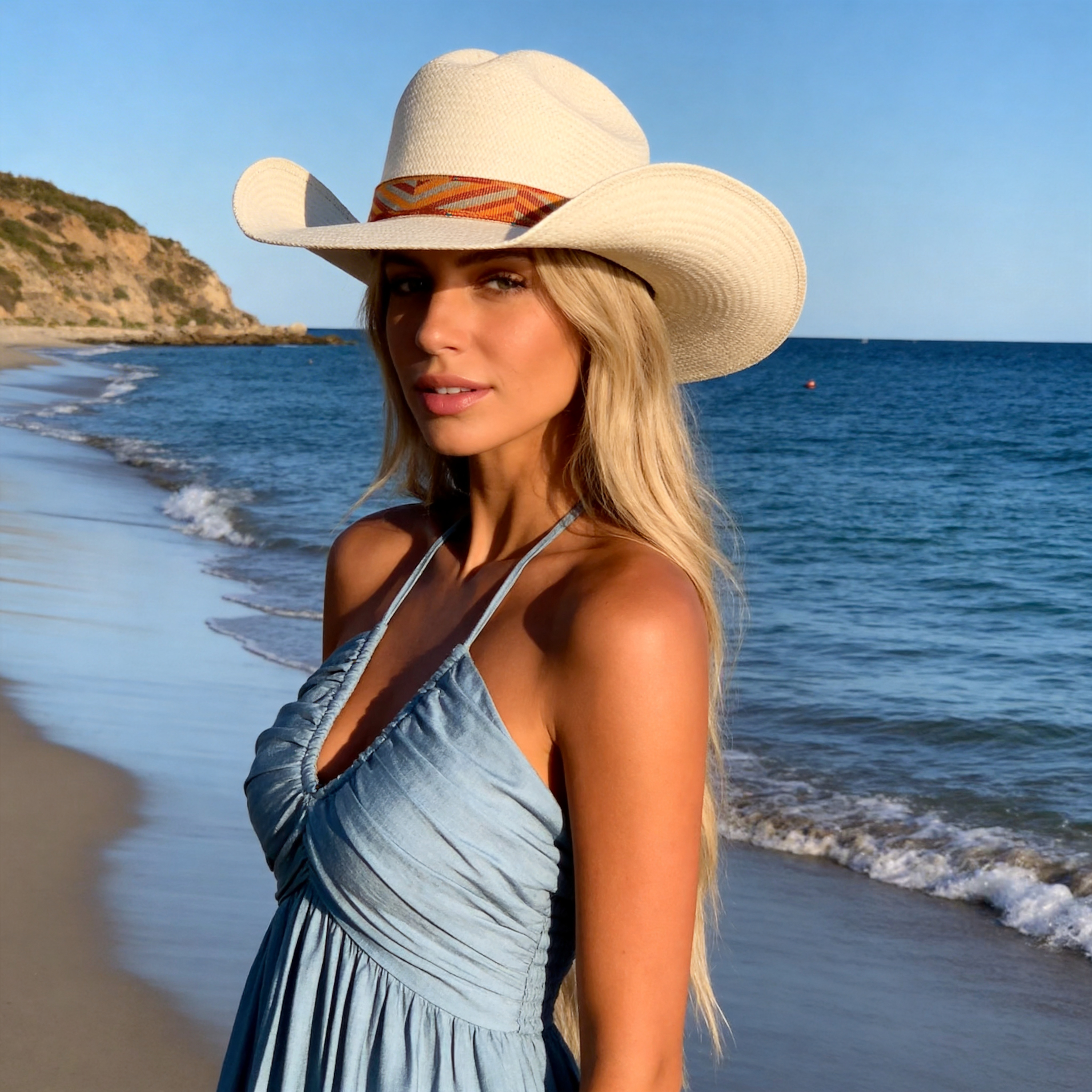 Straw Hat – Arched Brim, Orange-Geometric Band