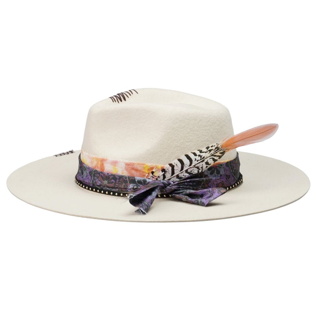 Teardrop Felt Hat with Ornate Band & Feathers