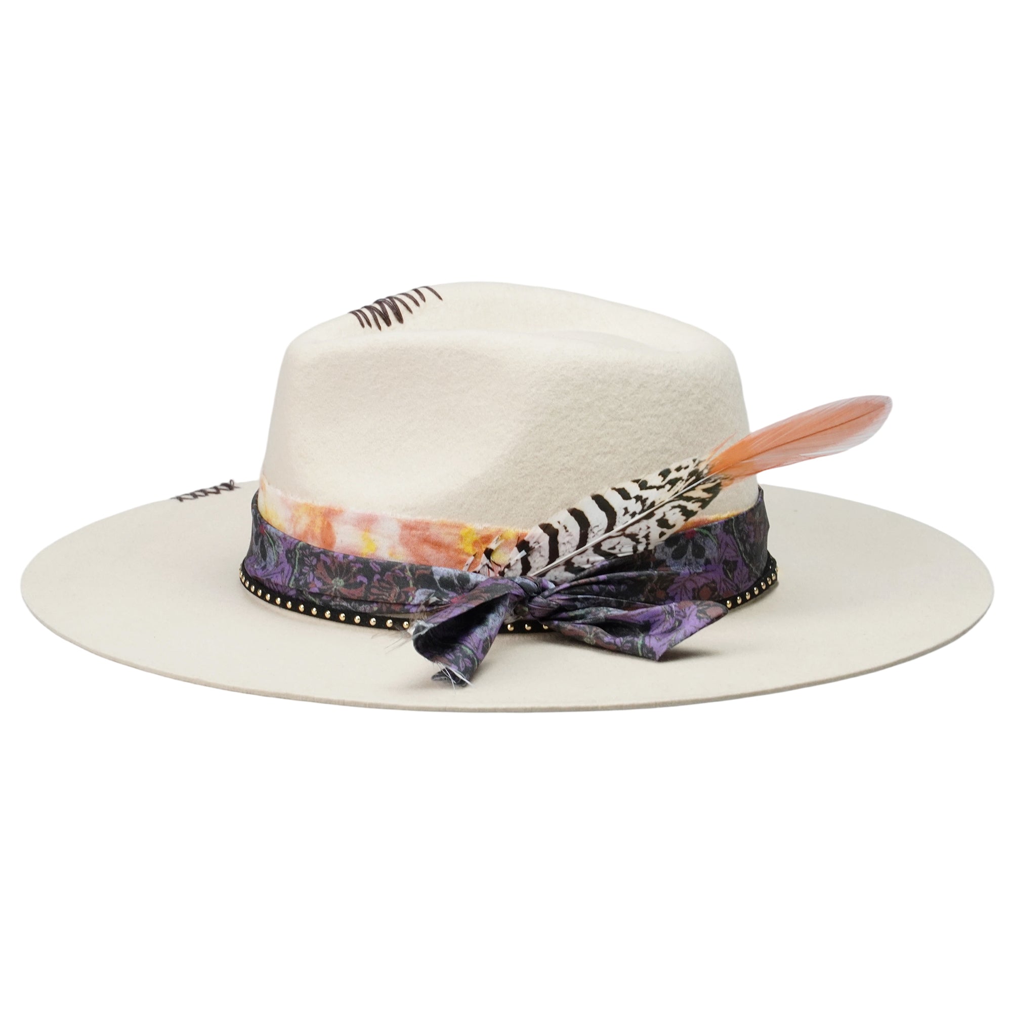 Teardrop Felt Hat with Ornate Band & Feathers