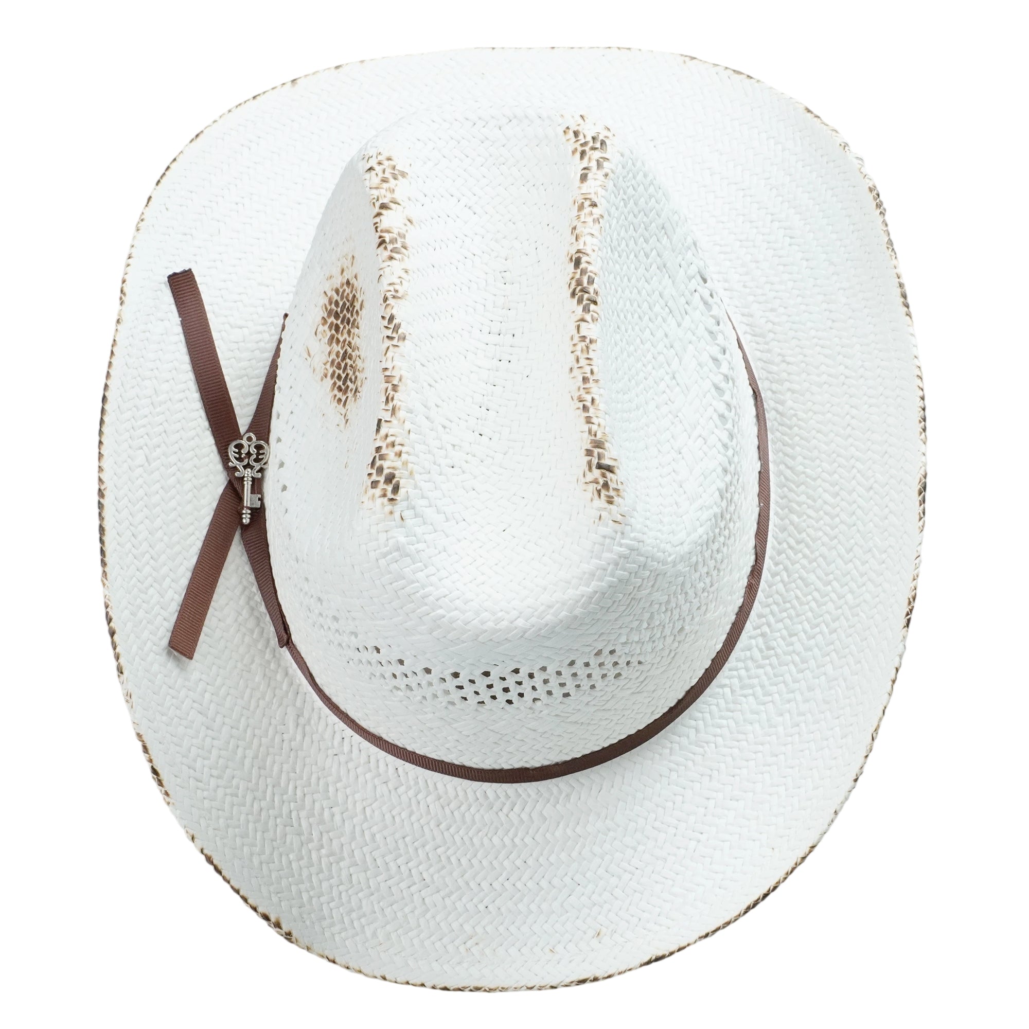 White Straw Hat with Gold Key Charm & Thin Band