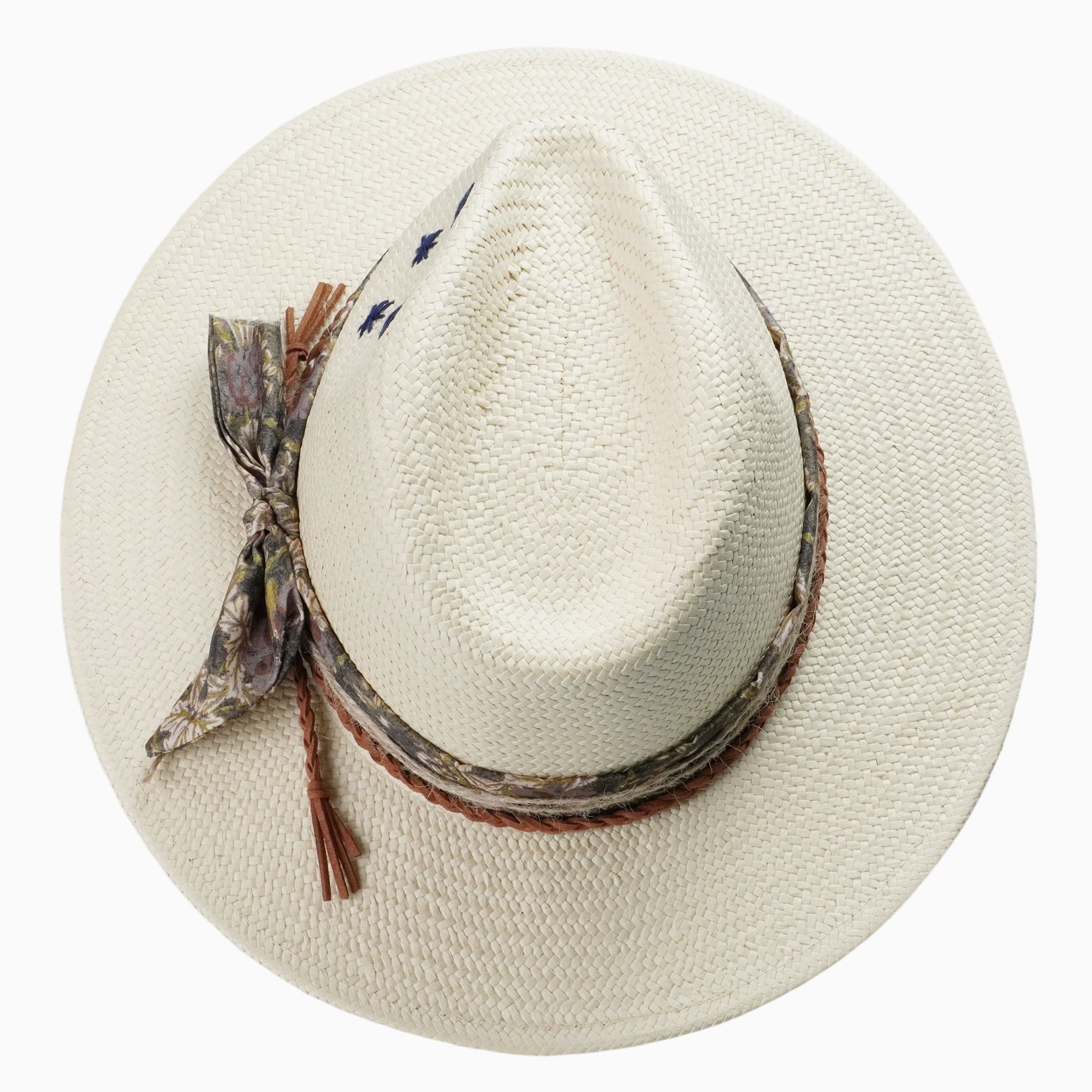 Natural Straw Fedora with Embroidered Stars & Boho Fabric Band